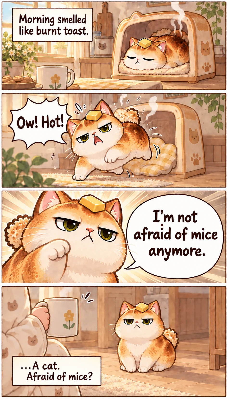 Morning smelled like burnt toast. Ow! Hot! I’m not afraid of mice anymore. …A cat. Afraid of mice?