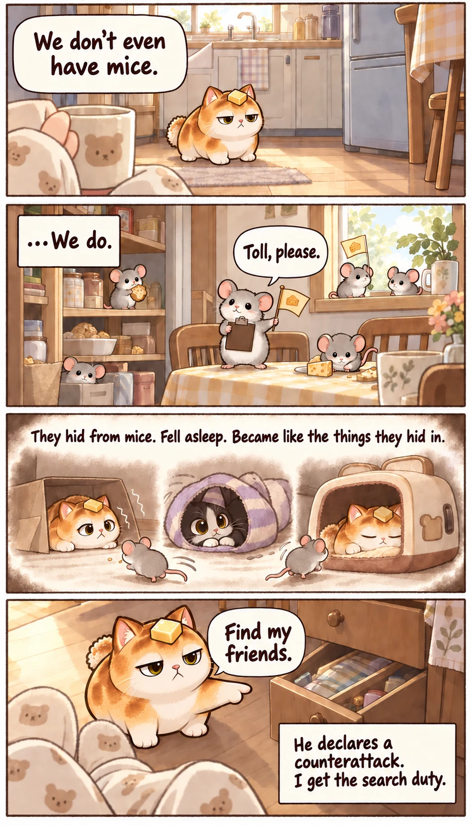 We don’t even have mice. …We do. Toll, please. They hid from mice. Fell asleep. Became like the things they hid in. Find my friends. He declares a counterattack. I get the search duty.