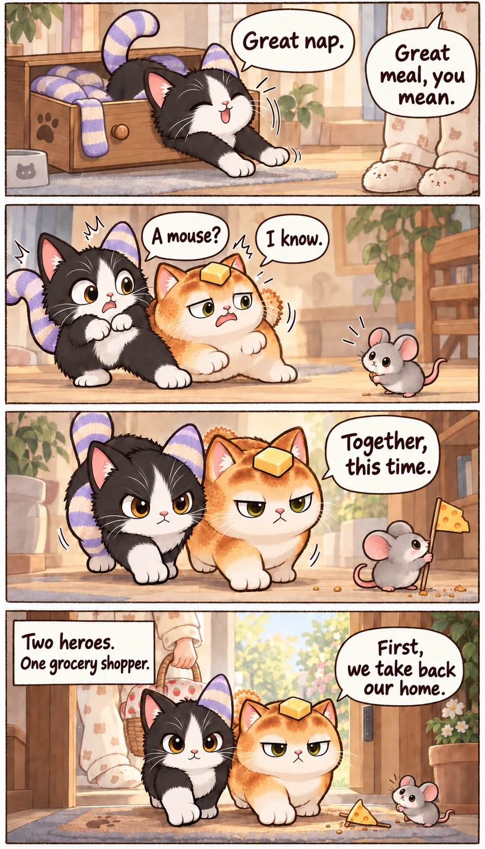 Great nap. Great meal, you mean. A mouse? I know. Together, this time. Two heroes. One grocery shopper. First, we take back our home.