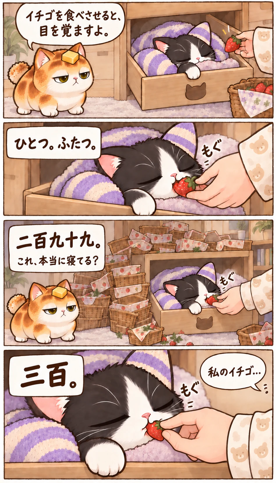 イチゴを食べさせると、目を覚ますよ。 ひとつ。ふたつ。 もぐ 二百九十九。 これ、本当に寝てる？ 三百。 私のイチゴ…