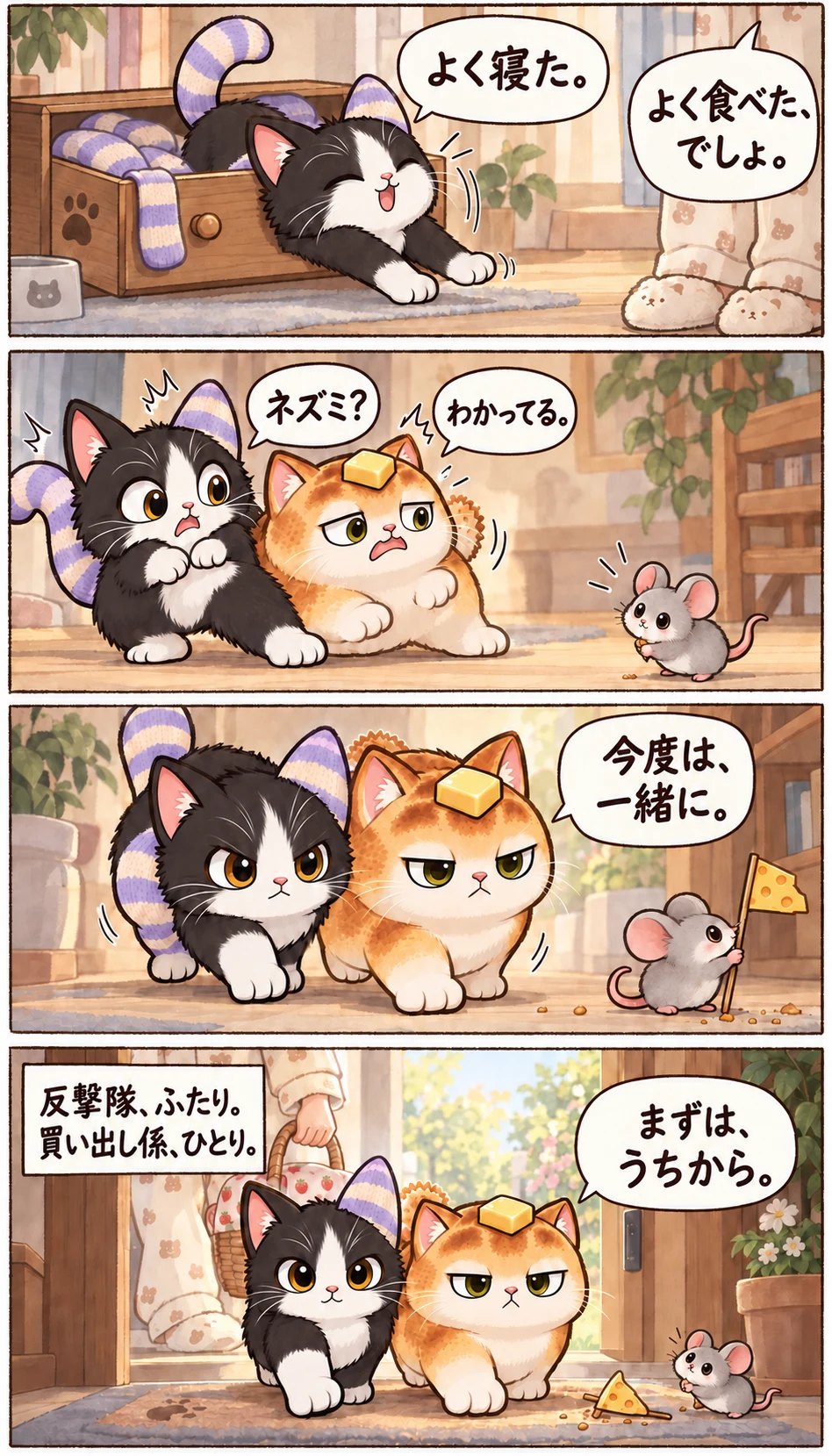 よく寝た。 よく食べた、でしょ。 ネズミ? わかってる。 今度は、一緒に。 反撃隊、ふたり。買い出し係、ひとり。 まずは、うちから。