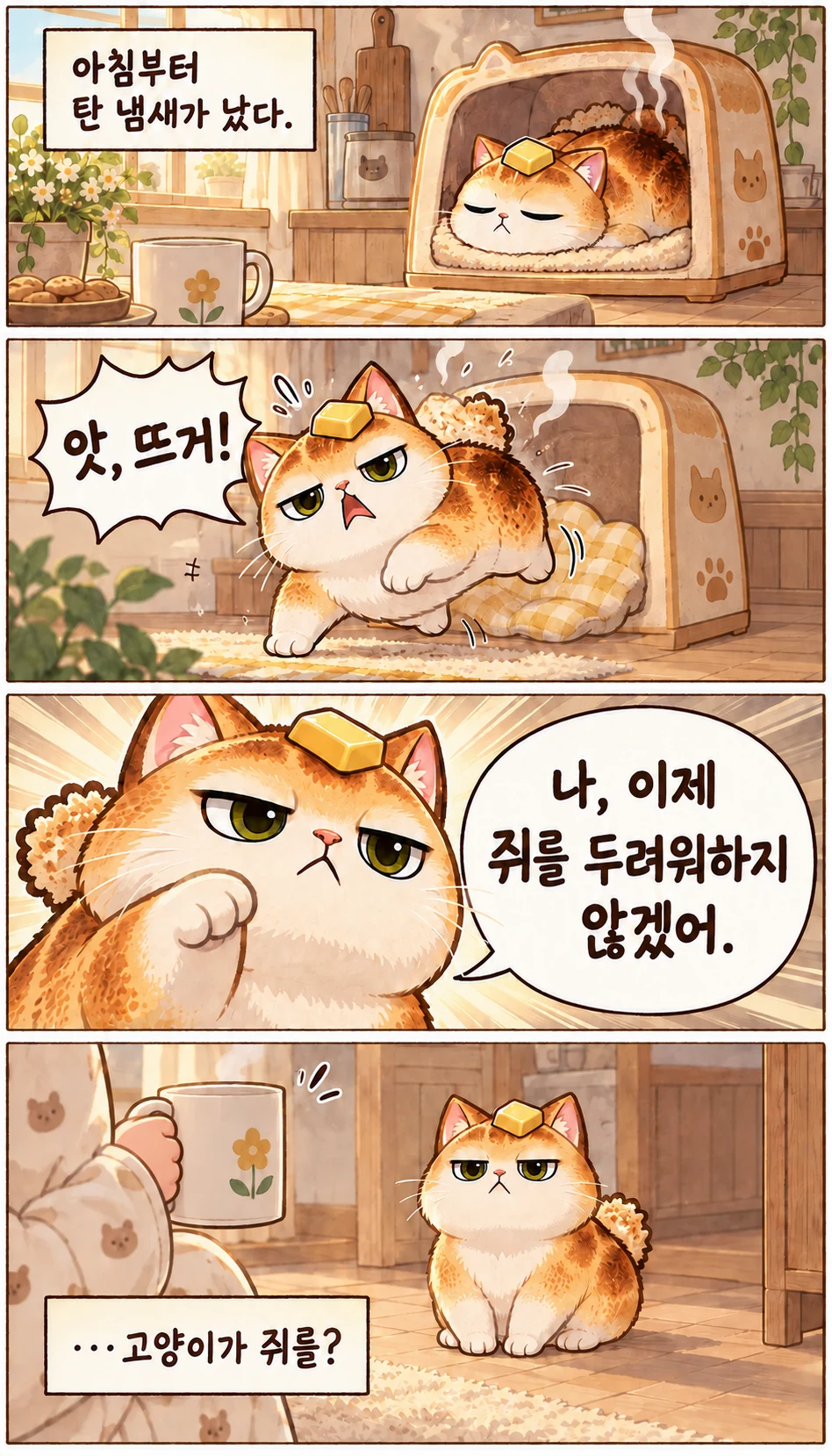 아침부터 탄 냄새가 났다. 앗, 뜨거! 나, 이제 쥐를 두려워하지 않겠어. …고양이가 쥐를?