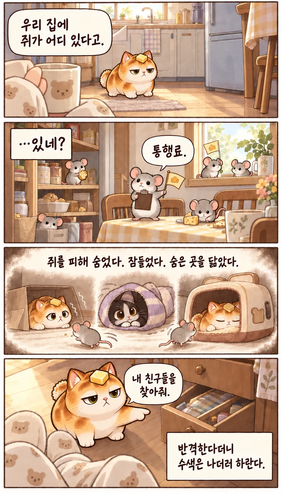 우리 집에 쥐가 어디 있다고. …있네? 통행료. 쥐를 피해 숨었다. 잠들었다. 숨은 곳을 닮았다. 내 친구들을 찾아줘. 반격한다더니 수색은 나더러 하란다.