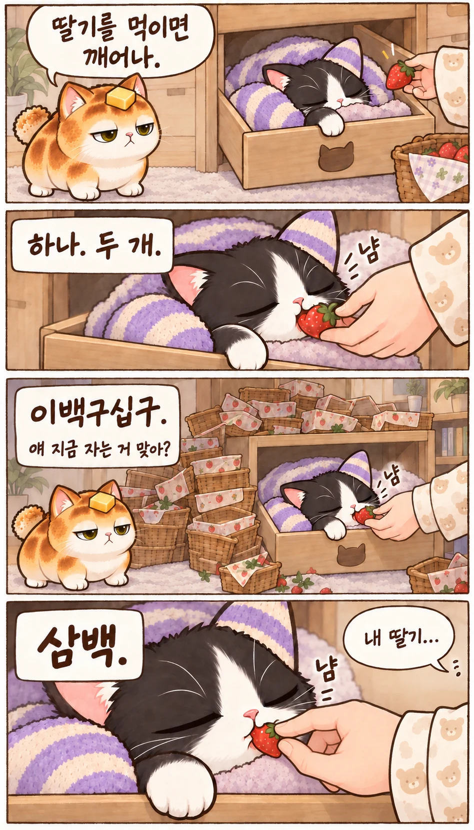 딸기를 먹이면 깨어나. 하나. 두 개. 냠 이백구십구. 얘 지금 자는 거 맞아? 삼백. 내 딸기…