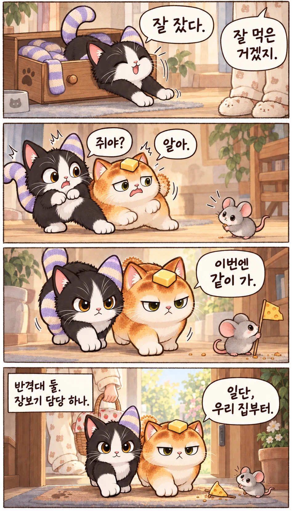 잘 잤다. 잘 먹은 거겠지. 쥐야? 알아. 이번엔 같이 가. 반격대 둘. 장보기 담당 하나. 일단, 우리 집부터.