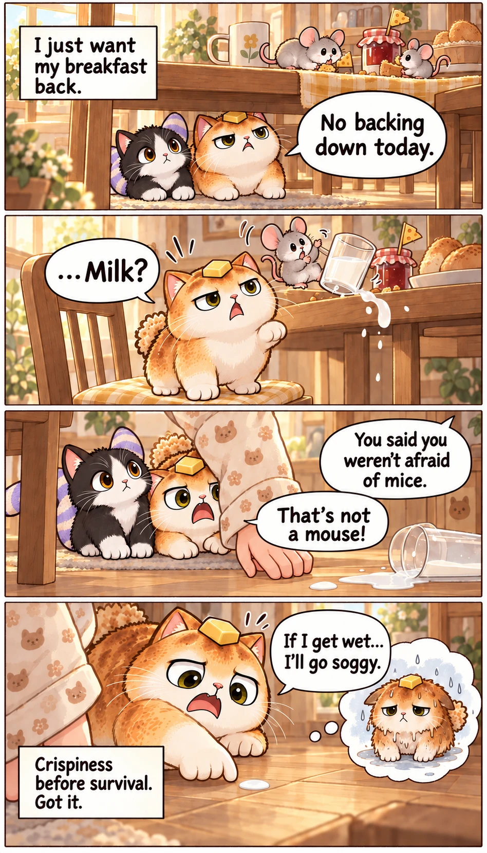 I just want my breakfast back. No backing down today. ...Milk? You said you weren't afraid of mice. That's not a mouse! If I get wet... I'll go soggy. Crispiness before survival. Got it.