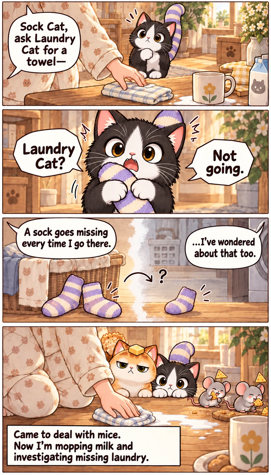 Sock Cat, ask Laundry Cat for a towel— Laundry Cat? Not going. A sock goes missing every time I go there. ...I've wondered about that too. Came to deal with mice. Now I'm mopping milk and investigating missing laundry.