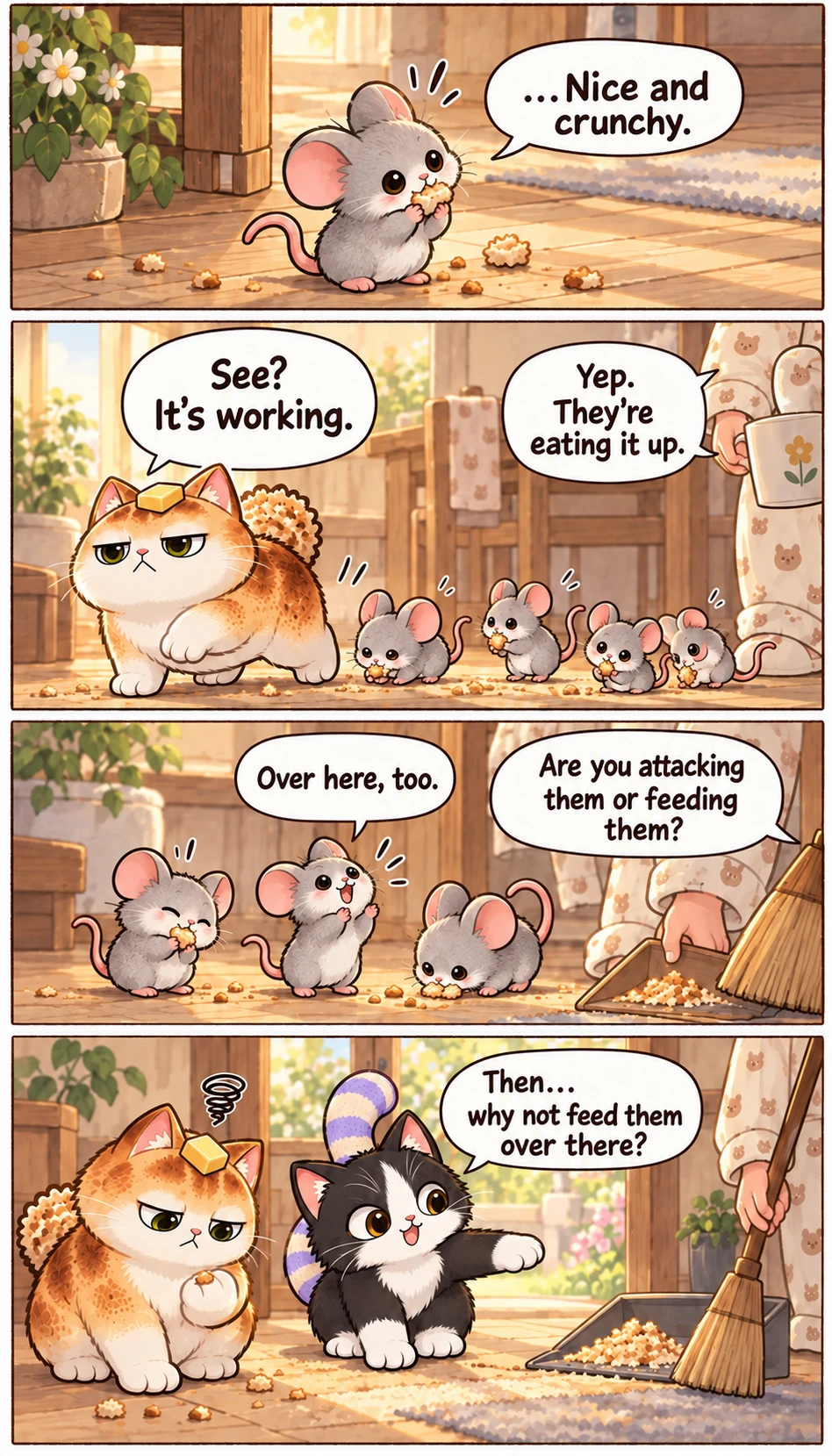 ...Nice and crunchy. See? It's working. Yep. They're eating it up. Over here, too. Are you attacking them or feeding them? Then... why not feed them over there?