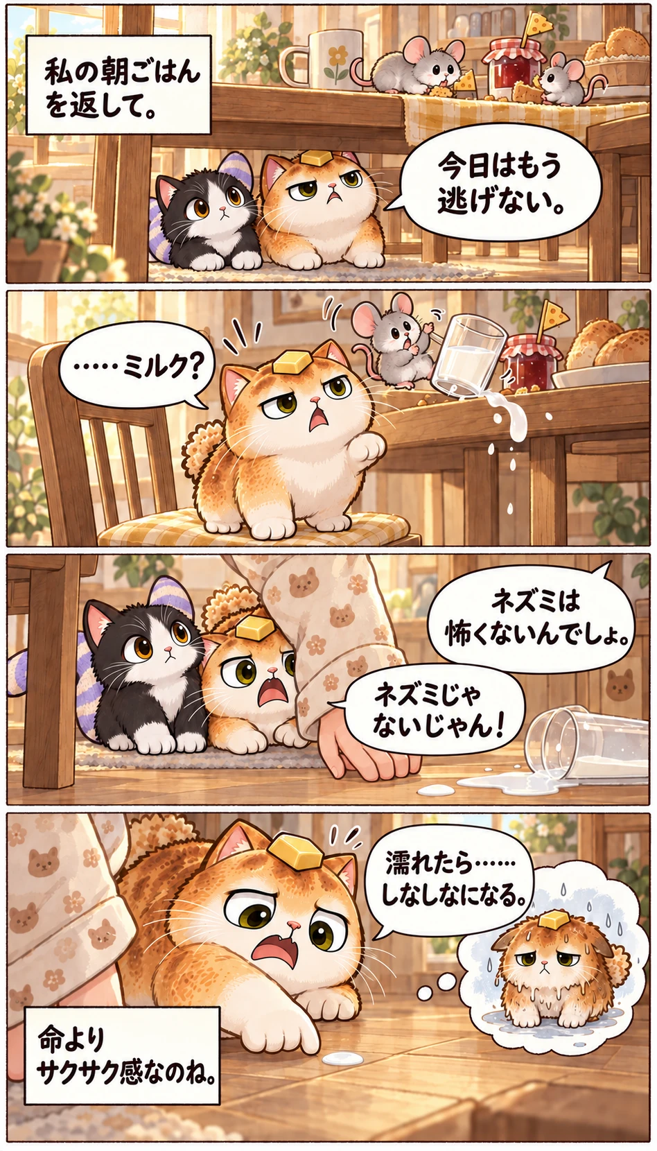 私の朝ごはんを返して。 今日はもう逃げない。 ……ミルク？ ネズミは怖くないんでしょ。 ネズミじゃないじゃん！ 濡れたら……しなしなになる。 命よりサクサク感なのね。