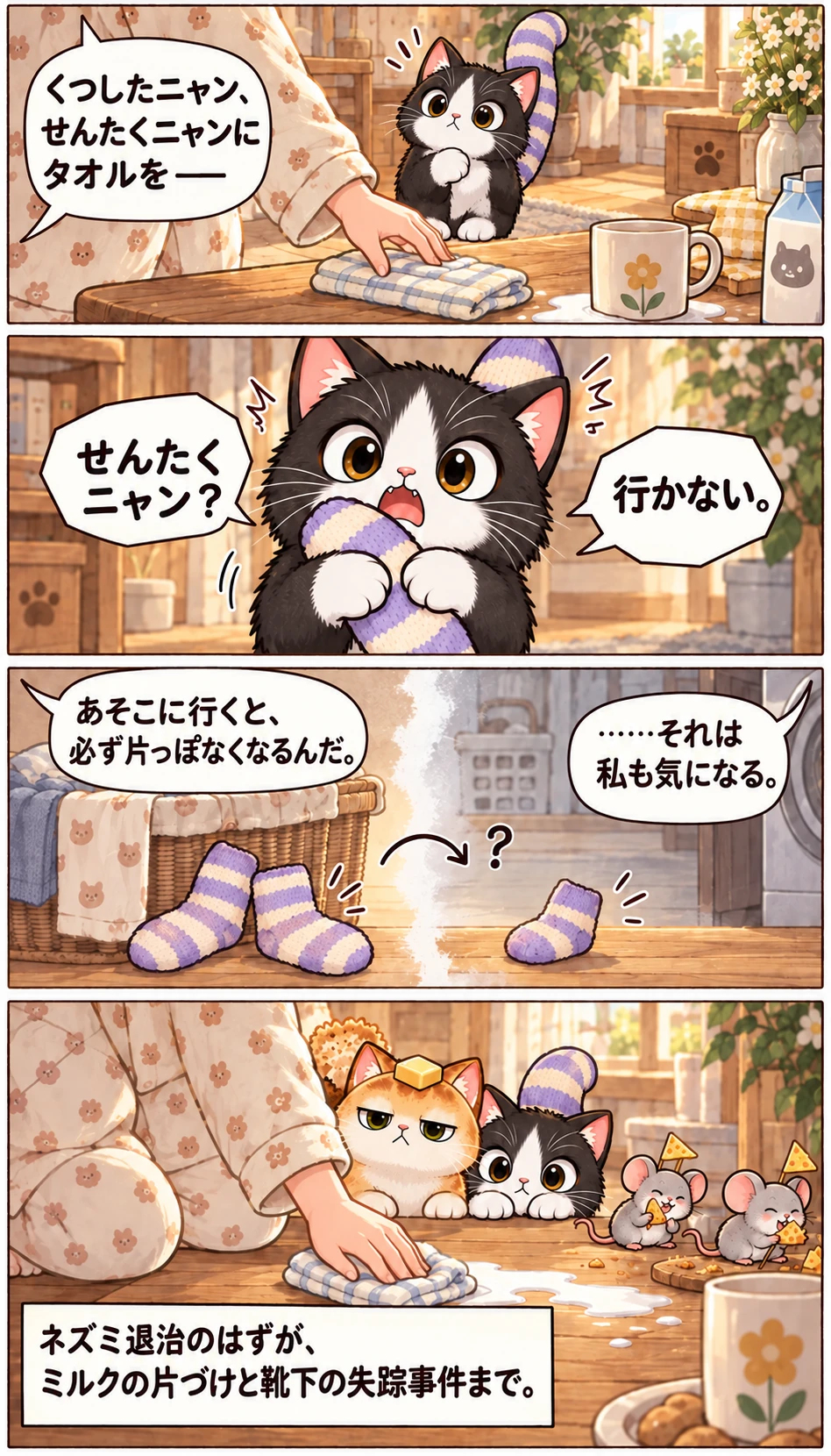 くつしたニャン、せんたくニャンにタオルを— せんたくニャン？ 行かない。 あそこに行くと、必ず片っぽなくなるんだ。 ……それは私も気になる。 ネズミ退治のはずが、ミルクの片づけと靴下の失踪事件まで。