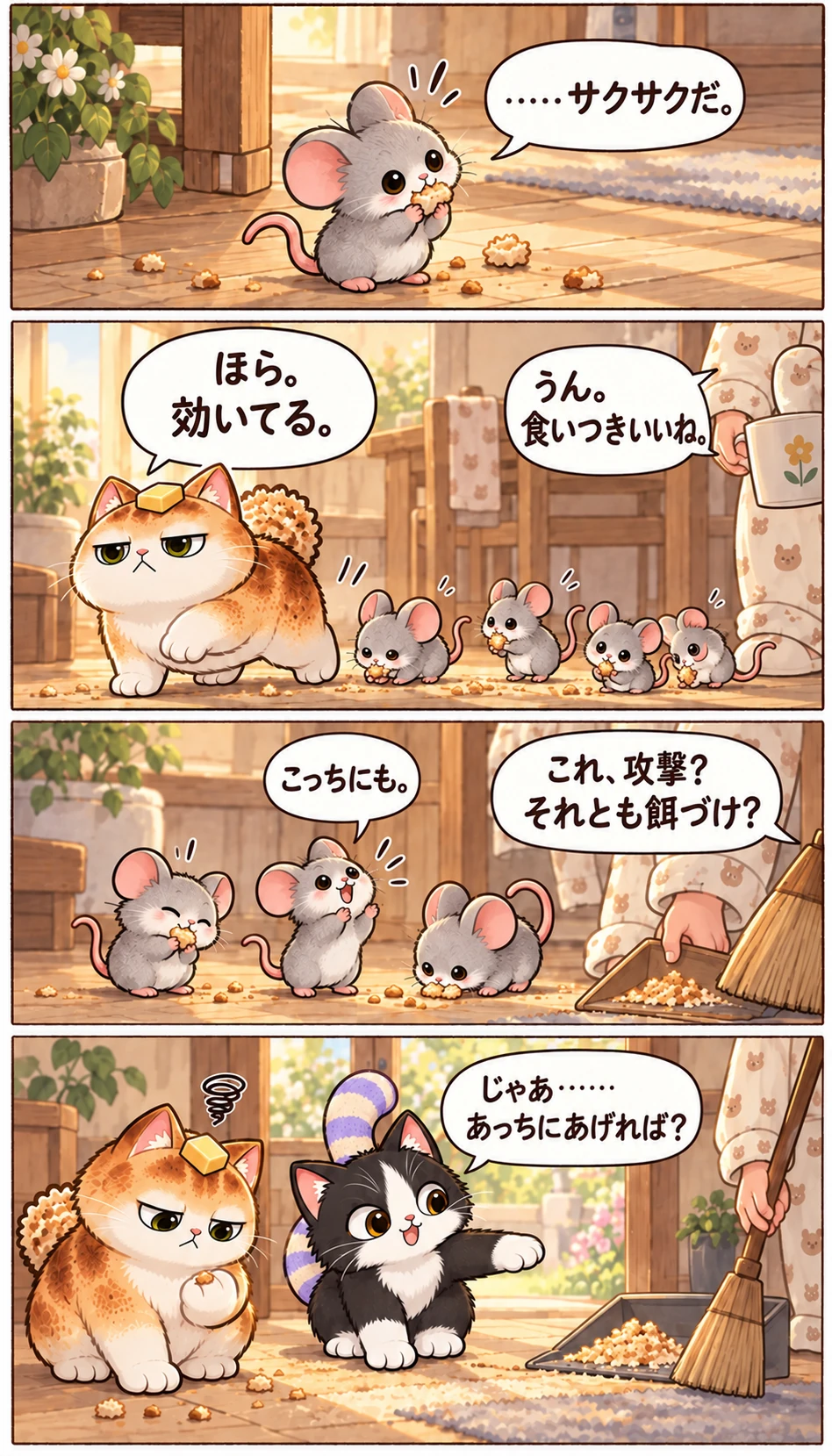 ……サクサクだ。 ほら。効いてる。 うん。食いつきいいね。 こっちにも。 これ、攻撃？ それとも餌づけ？ じゃあ……あっちにあげれば？