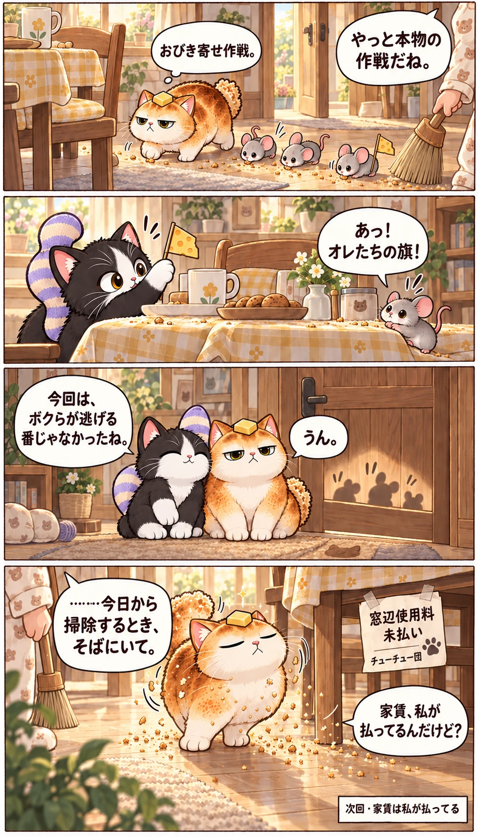おびき寄せ作戦。 やっと本物の作戦だね。 あっ！ オレたちの旗！ 今回は、ボクらが逃げる番じゃなかったね。 うん。 ……今日から掃除するとき、そばにいて。 窓辺使用料 未払い チューチュー団 家賃、私が払ってるんだけど？ 次回 · 家賃は私が払ってる