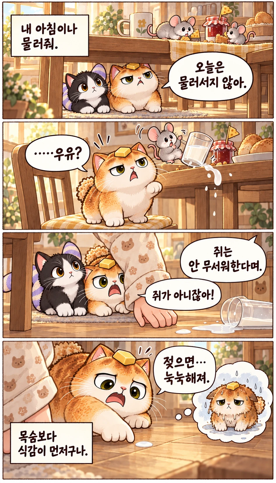 내 아침이나 물러줘. 오늘은 물러서지 않아. ……우유? 쥐는 안 무서워한다며. 쥐가 아니잖아! 젖으면… 눅눅해져. 목숨보다 식감이 먼저구나.