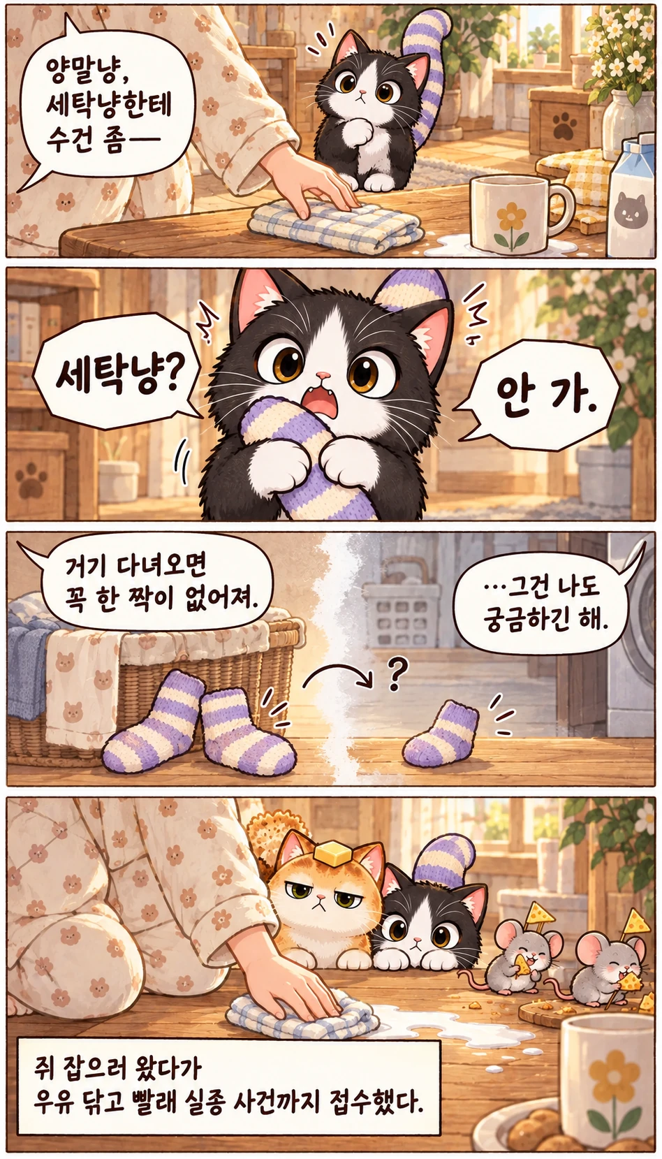양말냥, 세탁냥한테 수건 좀— 세탁냥? 안 가. 거기 다녀오면 꼭 한 짝이 없어져. …그건 나도 궁금하긴 해. 쥐 잡으러 왔다가 우유 닦고 빨래 실종 사건까지 접수했다.