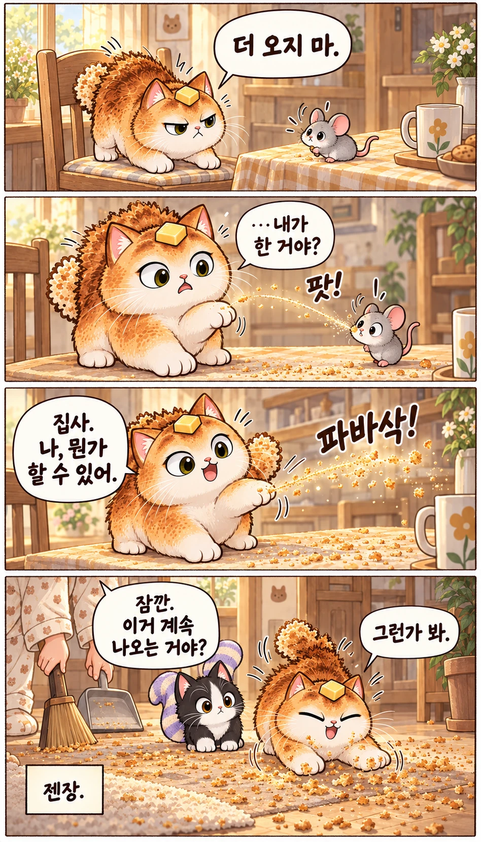 더 오지 마. …내가 한 거야? 팟! 집사. 나, 뭔가 할 수 있어. 파바삭! 잠깐. 이거 계속 나오는 거야? 그런가 봐. 젠장.
