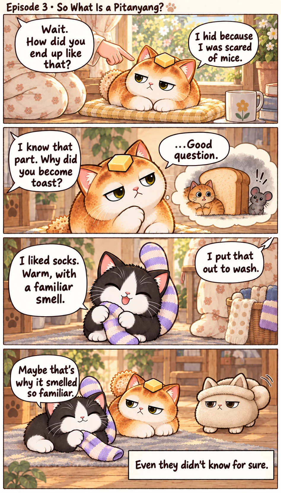 Wait. How did you end up like that? I hid because I was scared of mice. I know that part. Why did you become toast? ...Good question. I liked socks. Warm, with a familiar smell. I put that out to wash. Maybe that’s why it smelled so familiar. Even they didn’t know for sure.