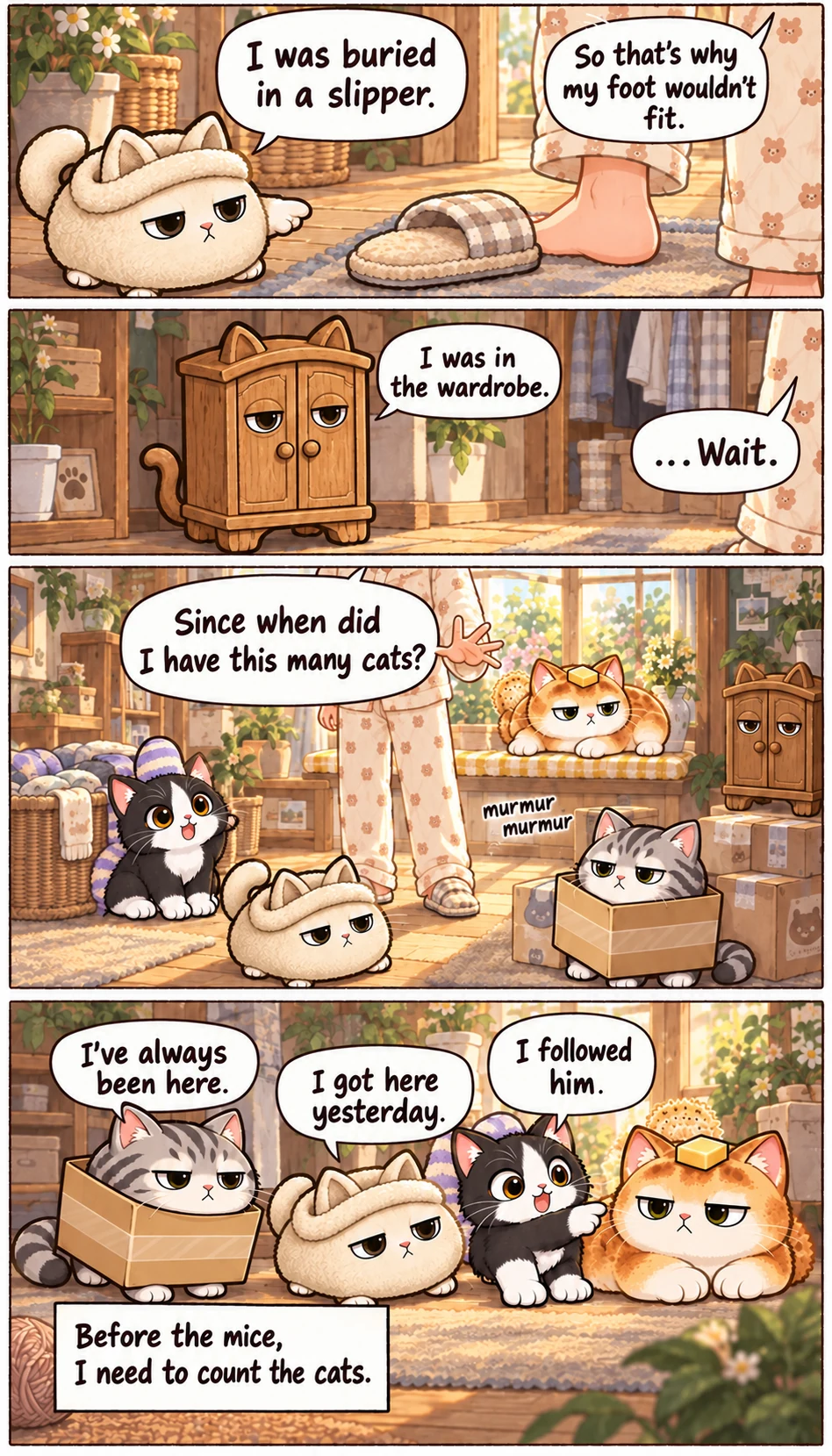 I was buried in a slipper. So that’s why my foot wouldn’t fit. I was in the wardrobe. ...Wait. Since when did I have this many cats? murmur murmur I’ve always been here. I got here yesterday. I followed him. Before the mice, I need to count the cats.