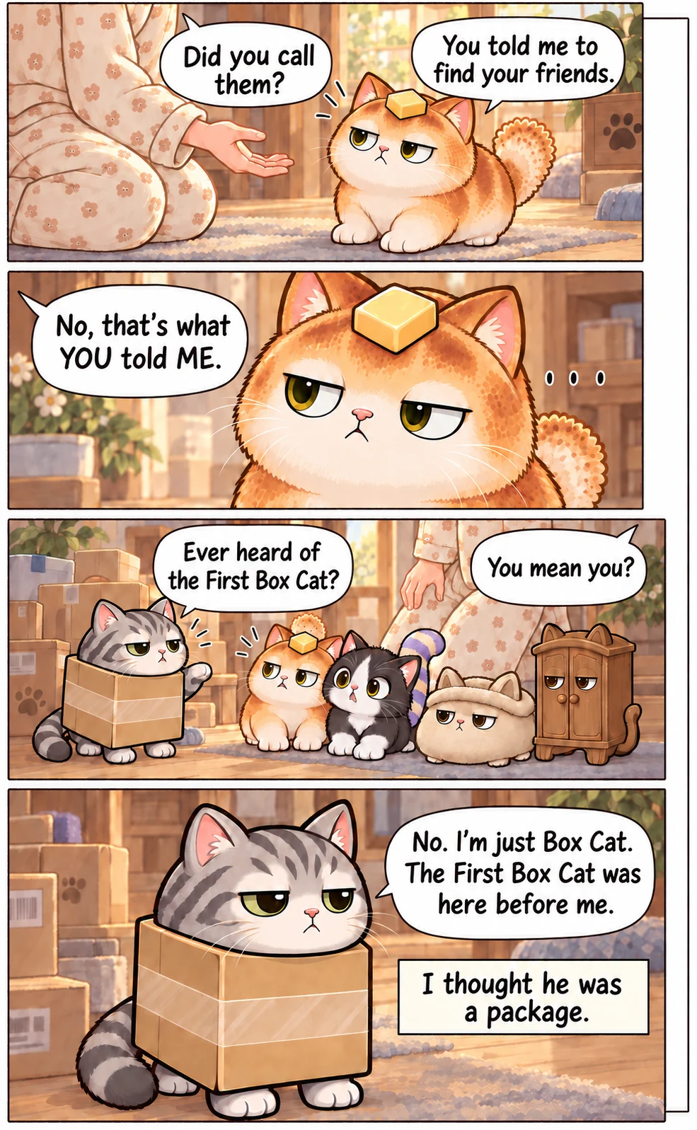 Did you call them? You told me to find your friends. No, that’s what YOU told ME. ... Ever heard of the First Box Cat? You mean you? No. I’m just Box Cat. The First Box Cat was here before me. I thought he was a package.