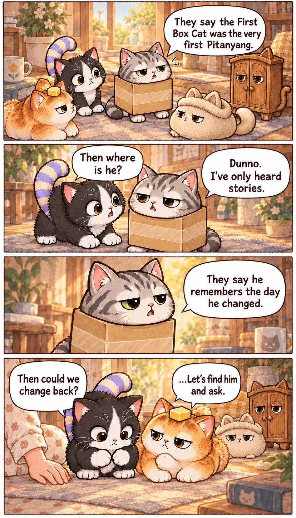 They say the First Box Cat was the very first Pitanyang. Then where is he? Dunno. I’ve only heard stories. They say he remembers the day he changed. Then could we change back? ...Let’s find him and ask.