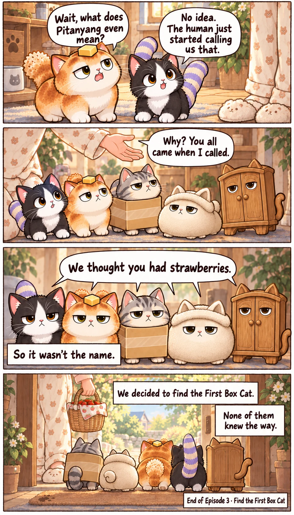 Wait, what does Pitanyang even mean? No idea. The human just started calling us that. Why? You all came when I called. We thought you had strawberries. So it wasn’t the name. We decided to find the First Box Cat. None of them knew the way. End of Episode 3 · Find the First Box Cat