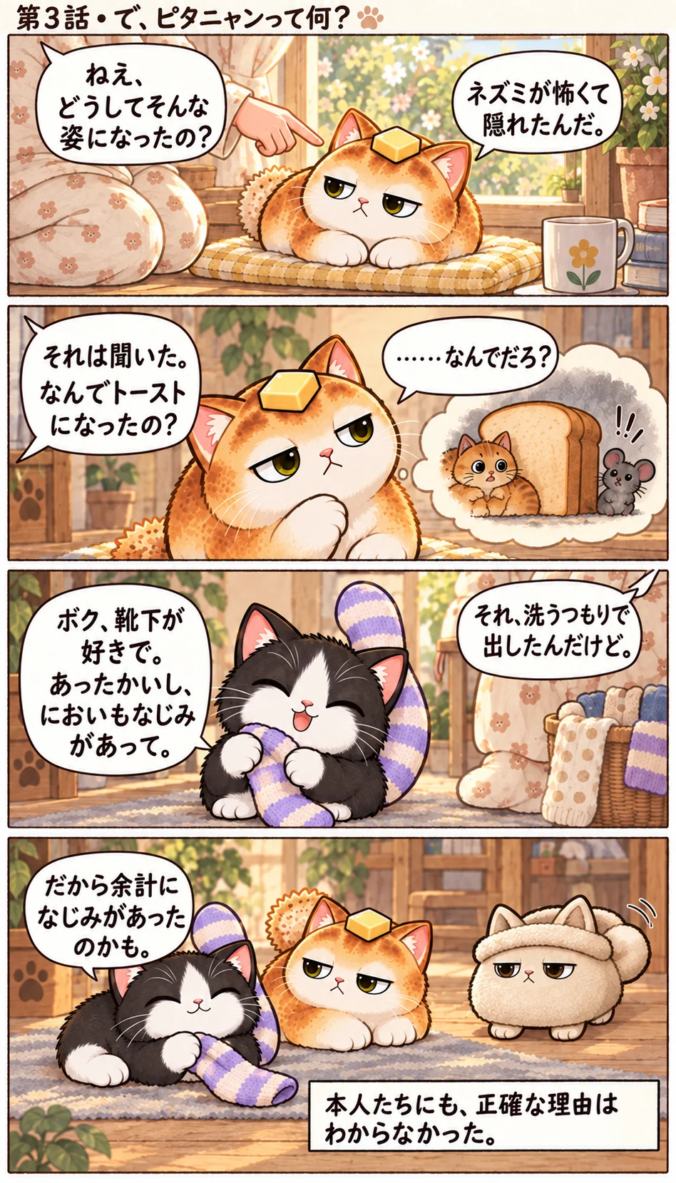 ねえ、どうしてそんな姿になったの？ ネズミが怖くて隠れたんだ。 それは聞いた。なんでトーストになったの？ ……なんでだろ？ ボク、靴下が好きで。あったかいし、においもなじみがあって。 それ、洗うつもりで出したんだけど。 だから余計になじみがあったのかも。 本人たちにも、正確な理由はわからなかった。