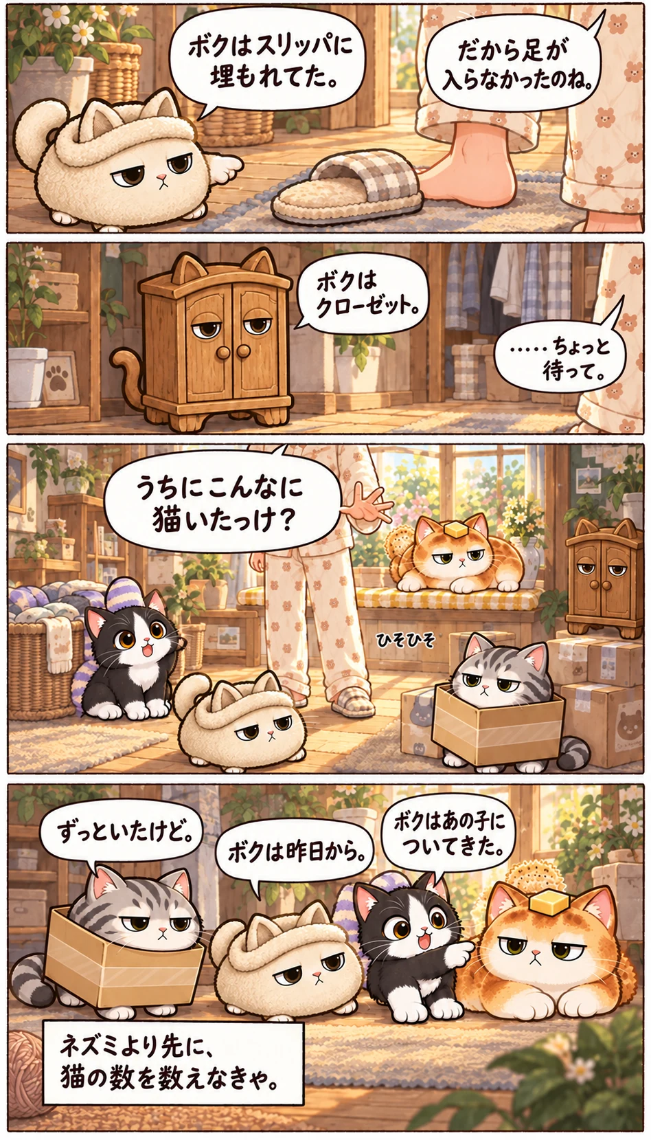 ボクはスリッパに埋もれてた。 だから足が入らなかったのね。 ボクはクローゼット。 ……ちょっと待って。 うちにこんなに猫いたっけ？ ひそひそ ずっといたけど。 ボクは昨日から。 ボクはあの子についてきた。 ネズミより先に、猫の数を数えなきゃ。