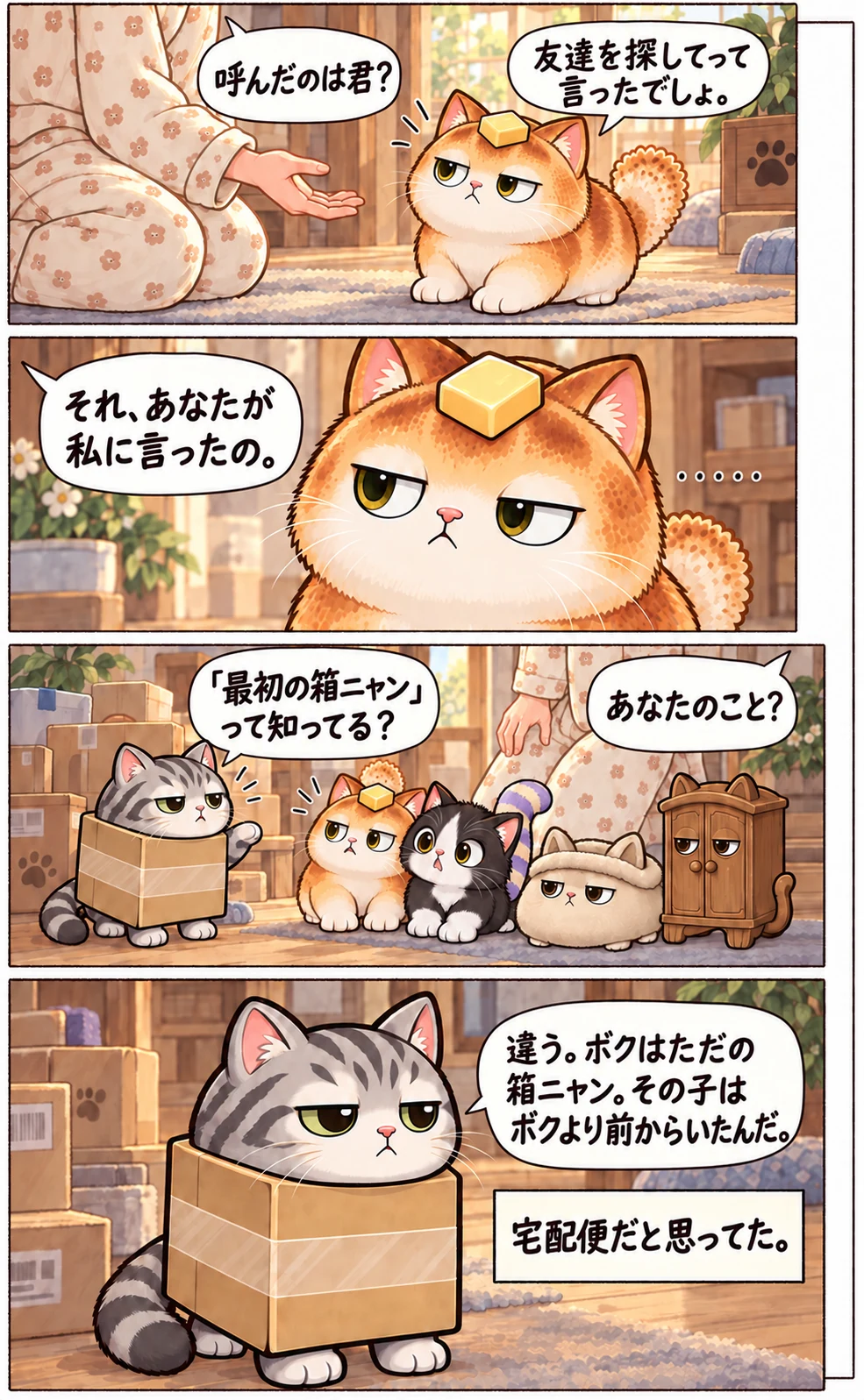 呼んだのは君？ 友達を探してって言ったでしょ。 それ、あなたが私に言ったの。 …… 「最初の箱ニャン」って知ってる？ あなたのこと？ 違う。ボクはただの箱ニャン。その子はボクより前からいたんだ。 宅配便だと思ってた。