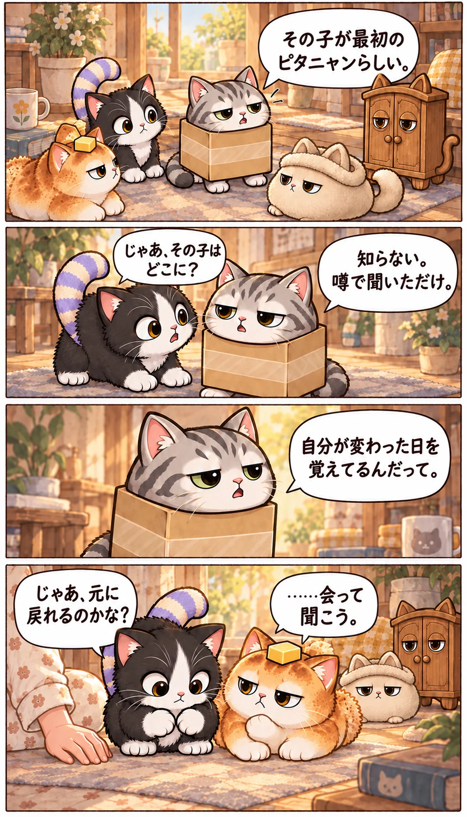 その子が最初のピタニャンらしい。 じゃあ、その子はどこに？ 知らない。噂で聞いただけ。 自分が変わった日を覚えてるんだって。 じゃあ、元に戻れるのかな？ ……会って聞こう。