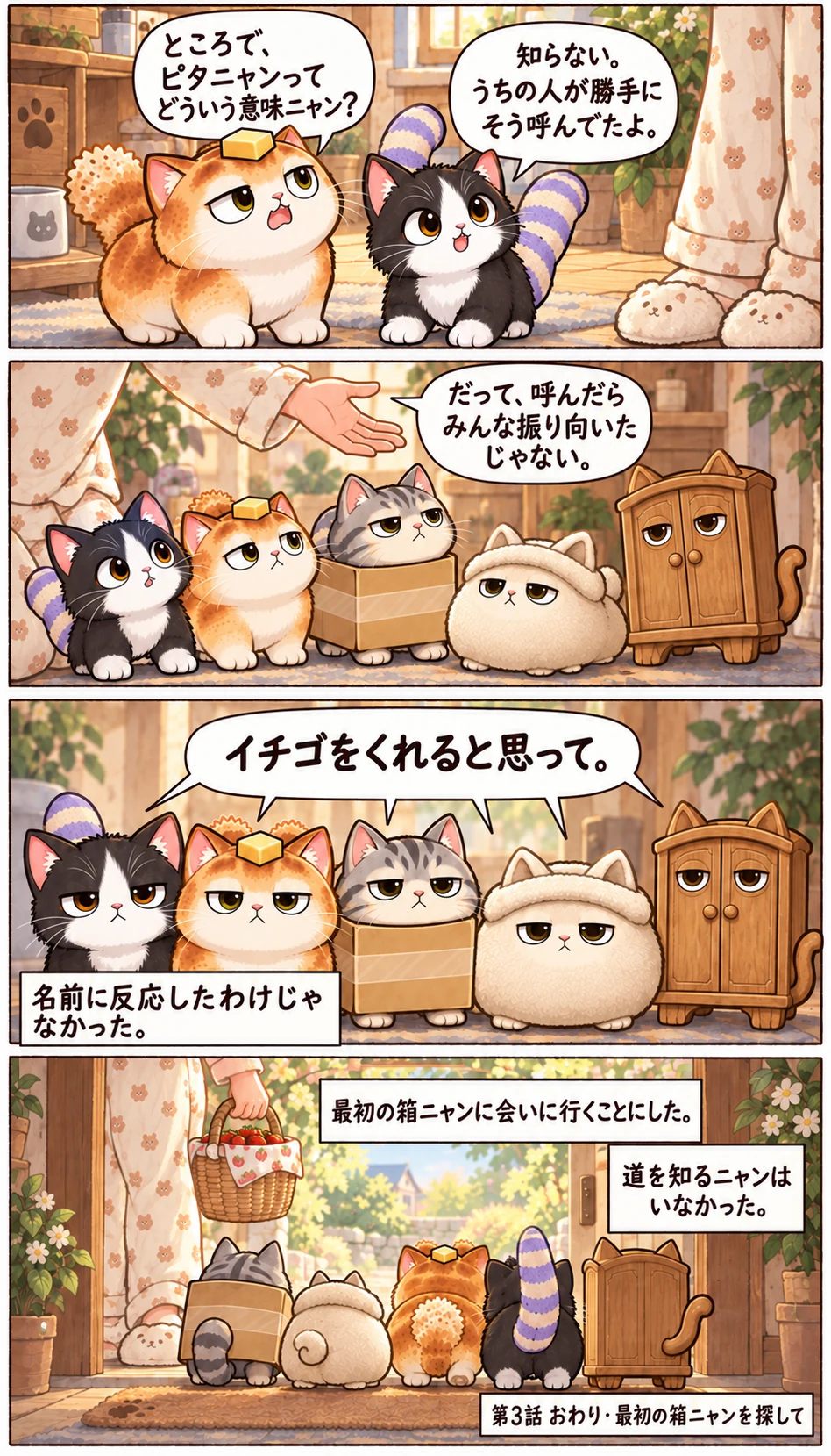 ところで、ピタニャンってどういう意味ニャン？ 知らない。うちの人が勝手にそう呼んでたよ。 だって、呼んだらみんな振り向いたじゃない。 イチゴをくれると思って。 名前に反応したわけじゃなかった。 最初の箱ニャンに会いに行くことにした。 道を知るニャンはいなかった。 第3話 おわり · 最初の箱ニャンを探して