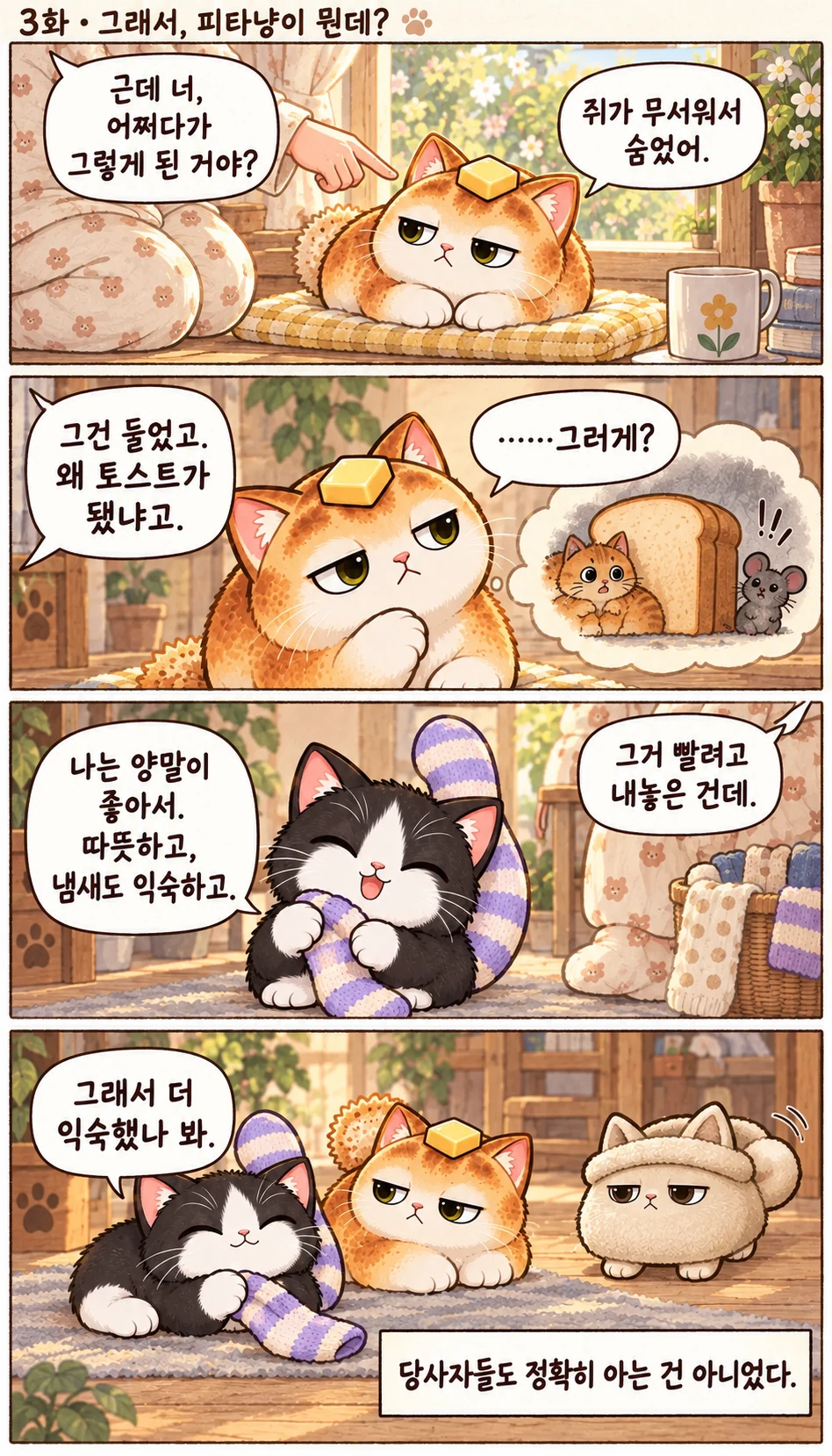 근데 너, 어쩌다가 그렇게 된 거야? 쥐가 무서워서 숨었어. 그건 들었고. 왜 토스트가 됐냐고. ……그러게? 나는 양말이 좋아서. 따뜻하고, 냄새도 익숙하고. 그거 빨려고 내놓은 건데. 그래서 더 익숙했나 봐. 당사자들도 정확히 아는 건 아니었다.