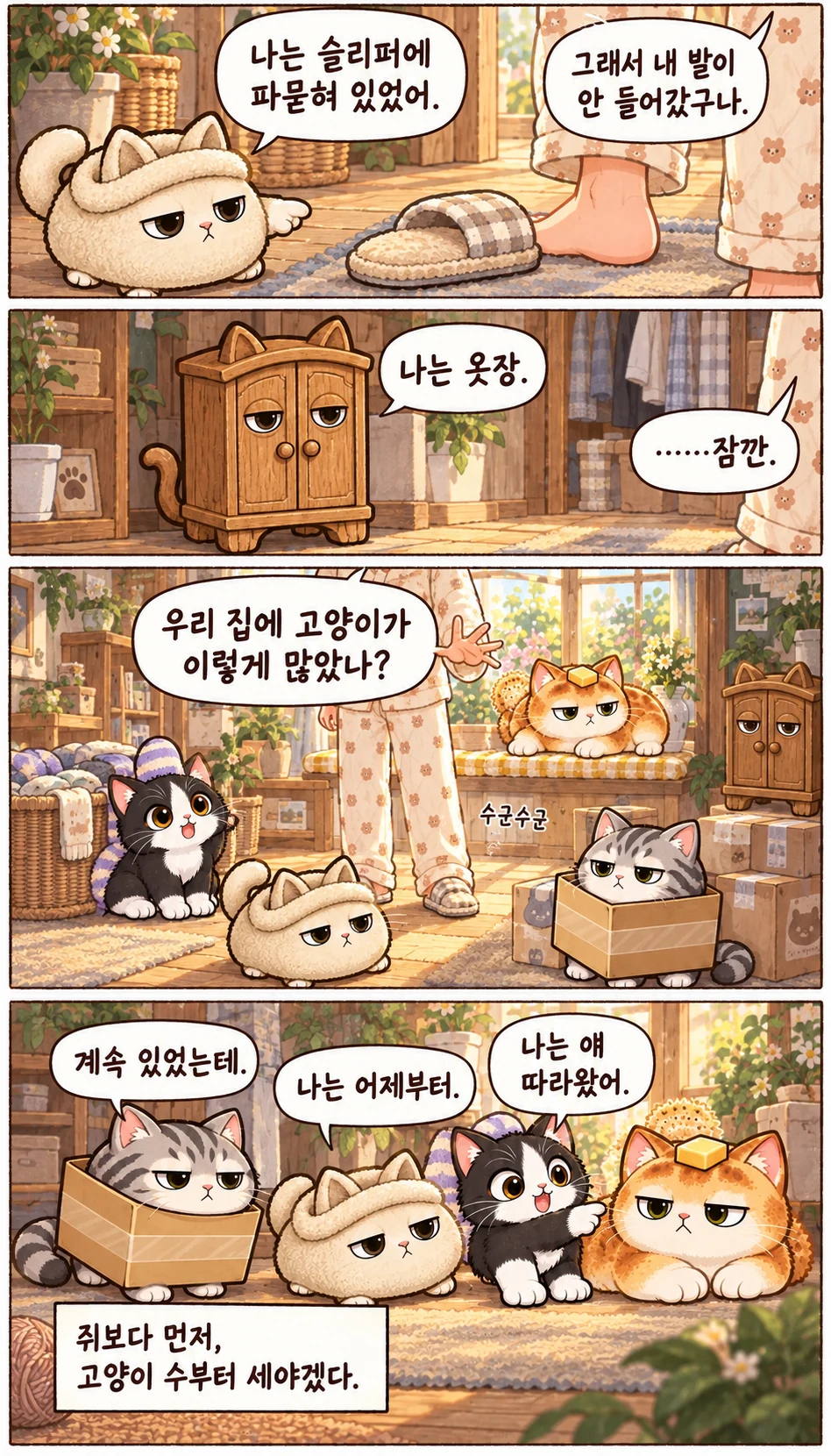 나는 슬리퍼에 파묻혀 있었어. 그래서 내 발이 안 들어갔구나. 나는 옷장. ……잠깐. 우리 집에 고양이가 이렇게 많았나? 수군수군 계속 있었는데. 나는 어제부터. 나는 얘 따라왔어. 쥐보다 먼저, 고양이 수부터 세야겠다.