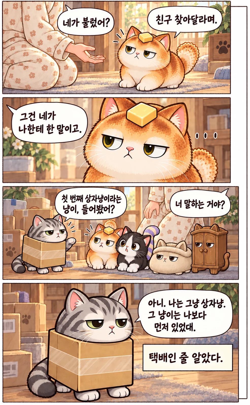 네가 불렀어? 친구 찾아달라며. 그건 네가 나한테 한 말이고. …… 첫 번째 상자냥이라는 냥이, 들어봤어? 너 말하는 거야? 아니. 나는 그냥 상자냥. 그 냥이는 나보다 먼저 있었대. 택배인 줄 알았다.