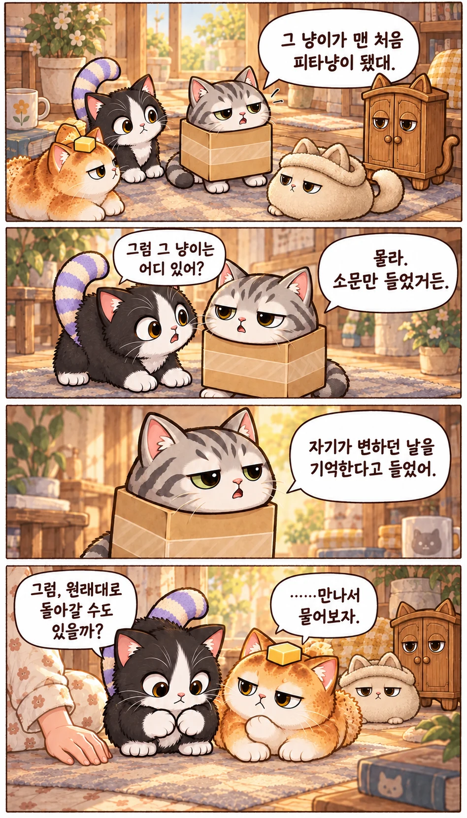 그 냥이가 맨 처음 피타냥이 됐대. 그럼 그 냥이는 어디 있어? 몰라. 소문만 들었거든. 자기가 변하던 날을 기억한다고 들었어. 그럼, 원래대로 돌아갈 수도 있을까? ……만나서 물어보자.