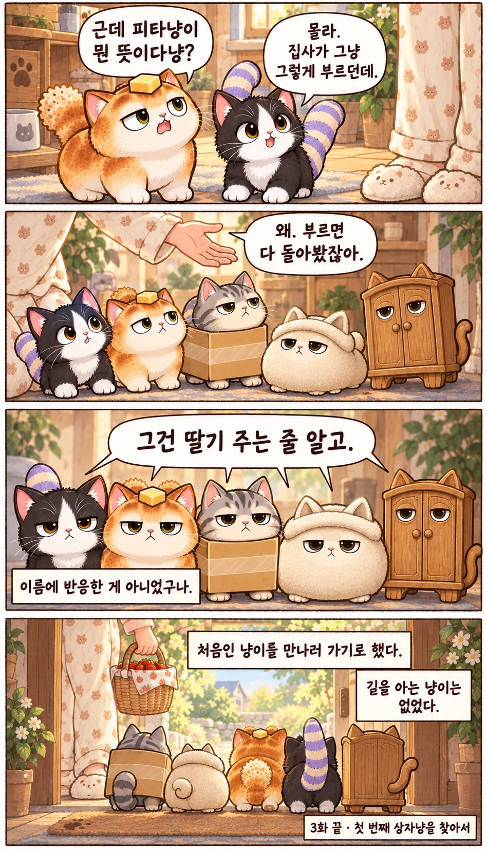 근데 피타냥이 뭔 뜻이다냥? 몰라. 집사가 그냥 그렇게 부르던데. 왜. 부르면 다 돌아봤잖아. 그건 딸기 주는 줄 알고. 이름에 반응한 게 아니었구나. 처음인 냥이를 만나러 가기로 했다. 길을 아는 냥이는 없었다. 3화 끝 · 첫 번째 상자냥을 찾아서