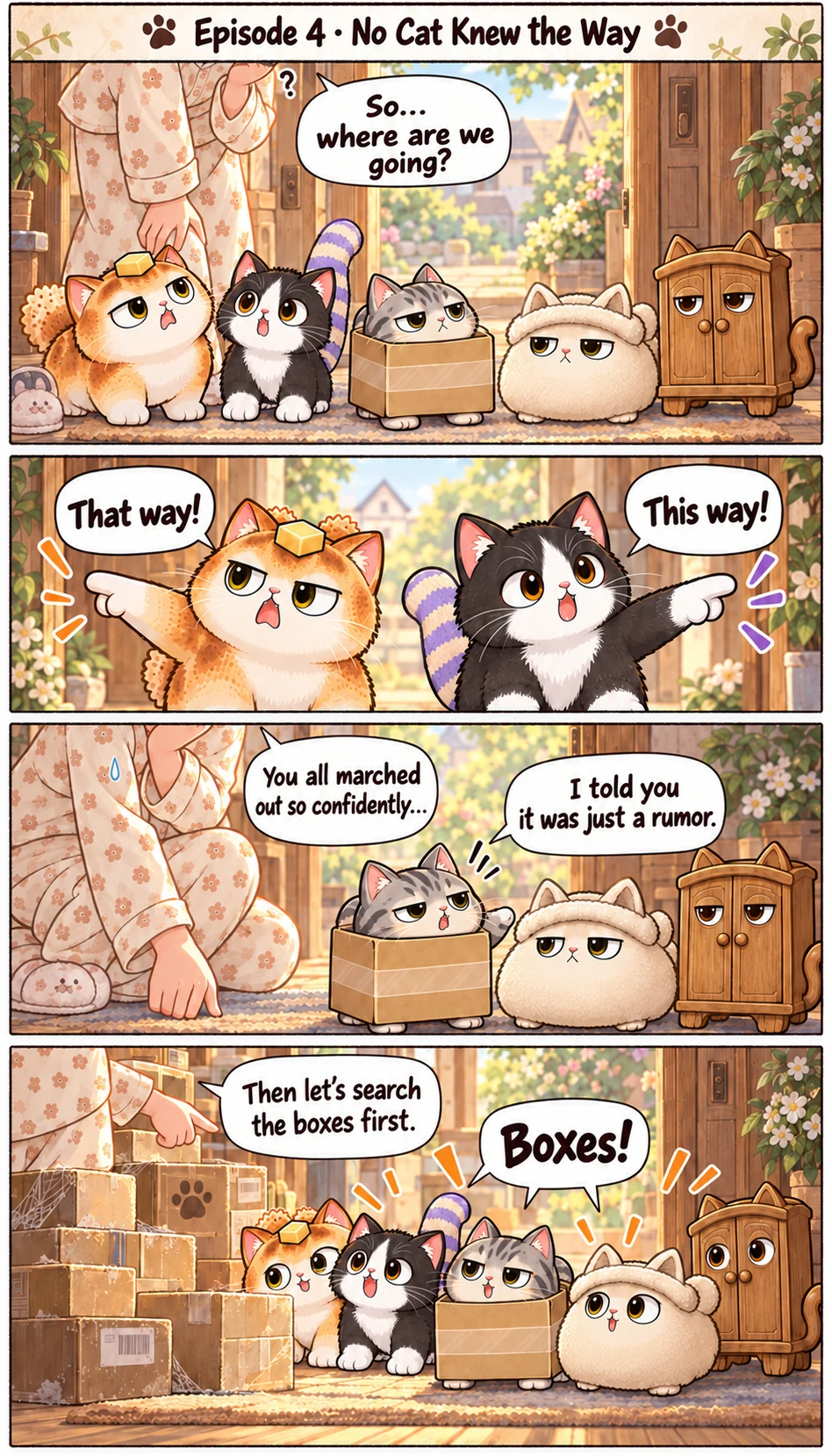 Episode 4 · No Cat Knew the Way So... where are we going? That way! This way! You all marched out so confidently... I told you it was just a rumor. Then let’s search the boxes first. Boxes!