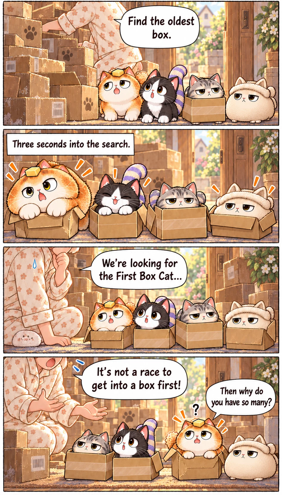 Find the oldest box. Three seconds into the search. We’re looking for the First Box Cat... It’s not a race to get into a box first! Then why do you have so many?