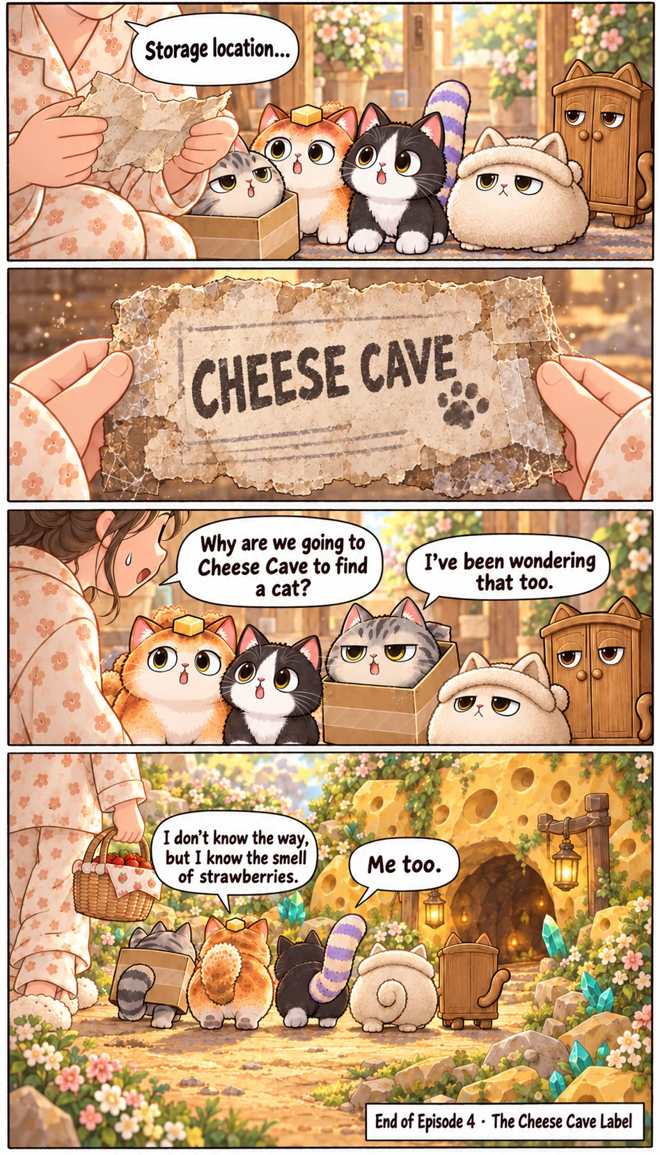 Storage location... CHEESE CAVE Why are we going to Cheese Cave to find a cat? I’ve been wondering that too. I don’t know the way, but I know the smell of strawberries. Me too. End of Episode 4 · The Cheese Cave Label
