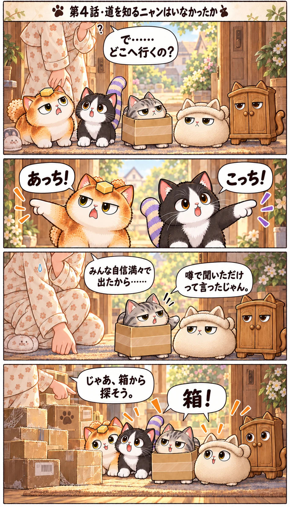 第4話 · 道を知るニャンはいなかった で……どこへ行くの? あっち! こっち! みんな自信満々で出たから…… 噂で聞いただけって言ったじゃん。 じゃあ、箱から探そう。 箱!