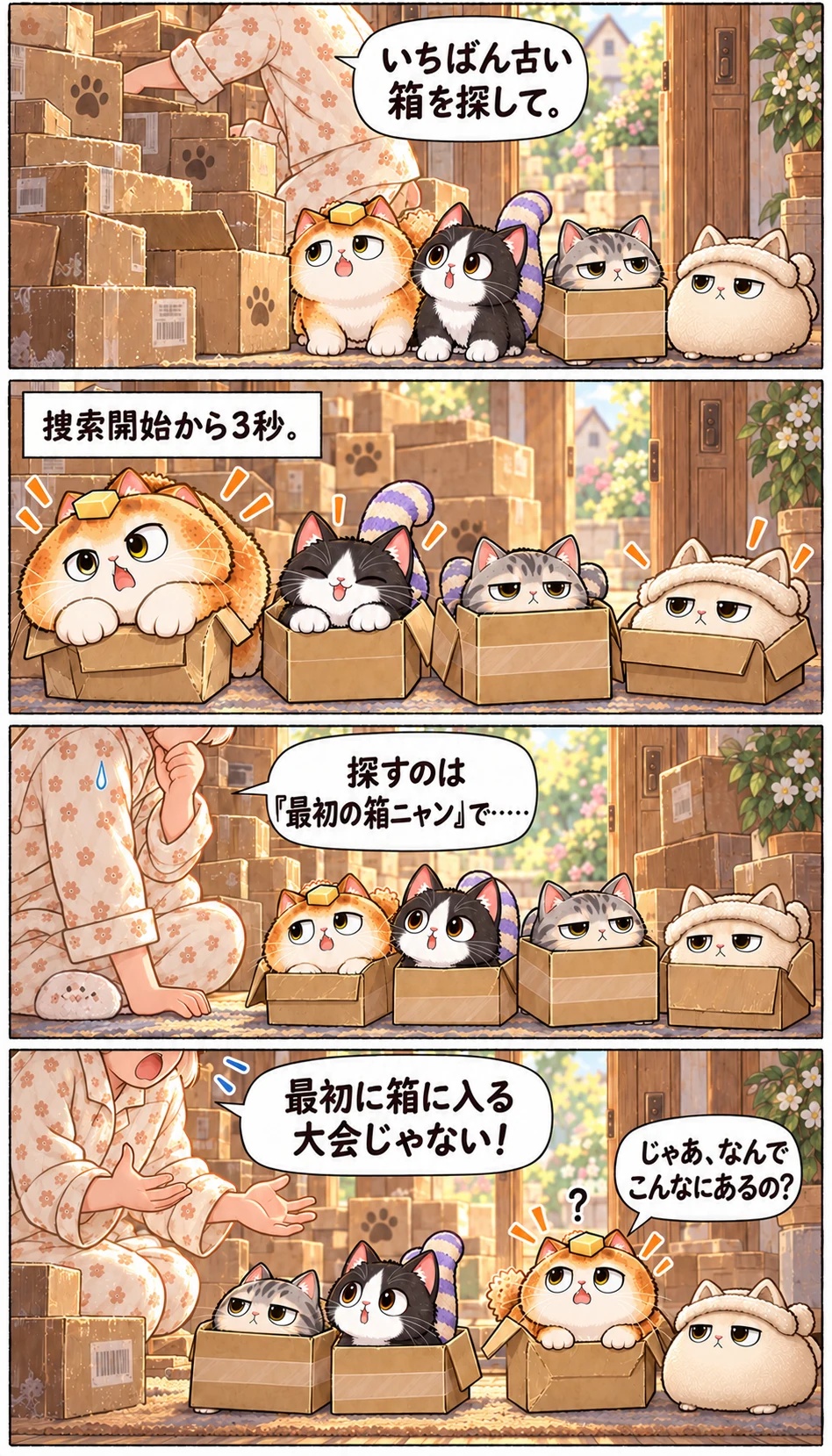 いちばん古い箱を探して。 捜索開始から3秒。 探すのは「最初の箱ニャン」で…… 最初に箱に入る大会じゃない! じゃあ、なんでこんなにあるの?