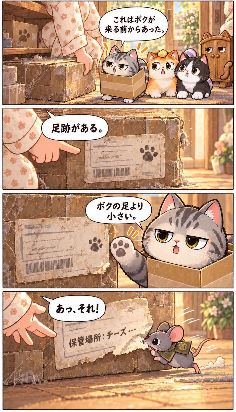 これはボクが来る前からあった。 足跡がある。 ボクの足より小さい。 保管場所:チーズ… あっ、それ!