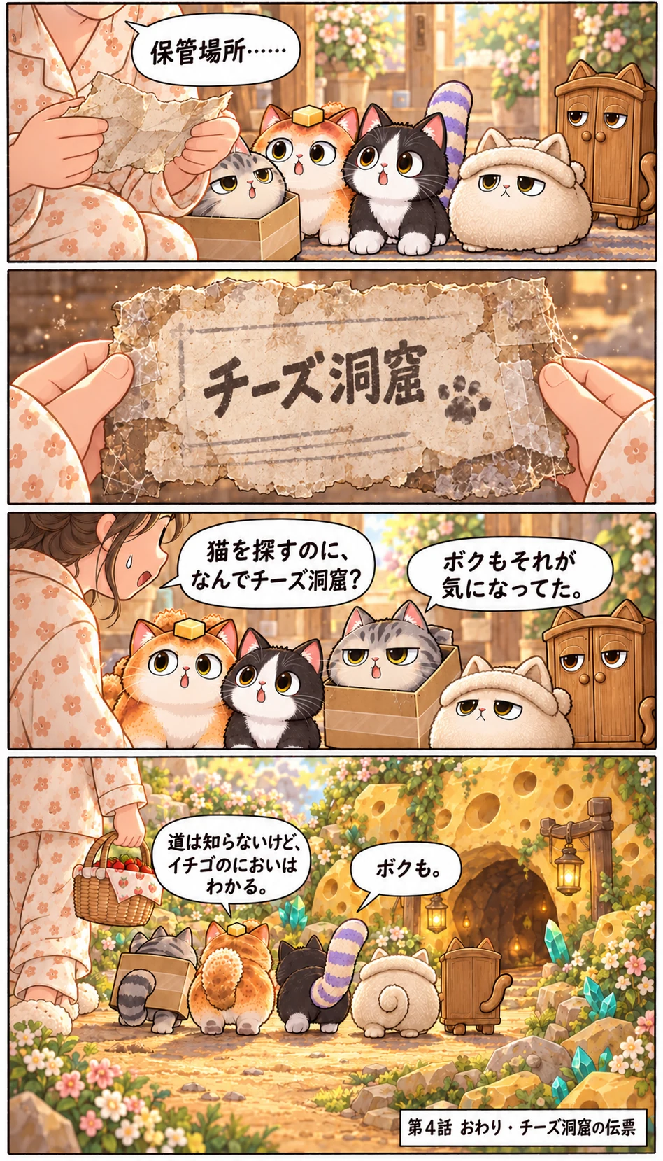 保管場所…… チーズ洞窟 猫を探すのに、なんでチーズ洞窟? ボクもそれが気になってた。 道は知らないけど、イチゴのにおいはわかる。 ボクも。 第4話 おわり · チーズ洞窟の伝票