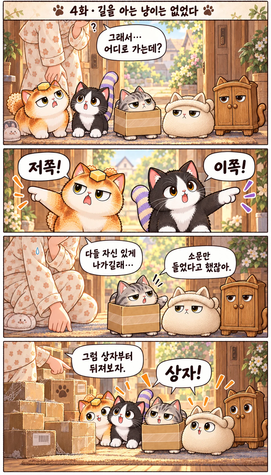 4화 · 길을 아는 냥이는 없었다 그래서… 어디로 가는데? 저쪽! 이쪽! 다들 자신 있게 나가길래… 소문만 들었다고 했잖아. 그럼 상자부터 뒤져보자. 상자!