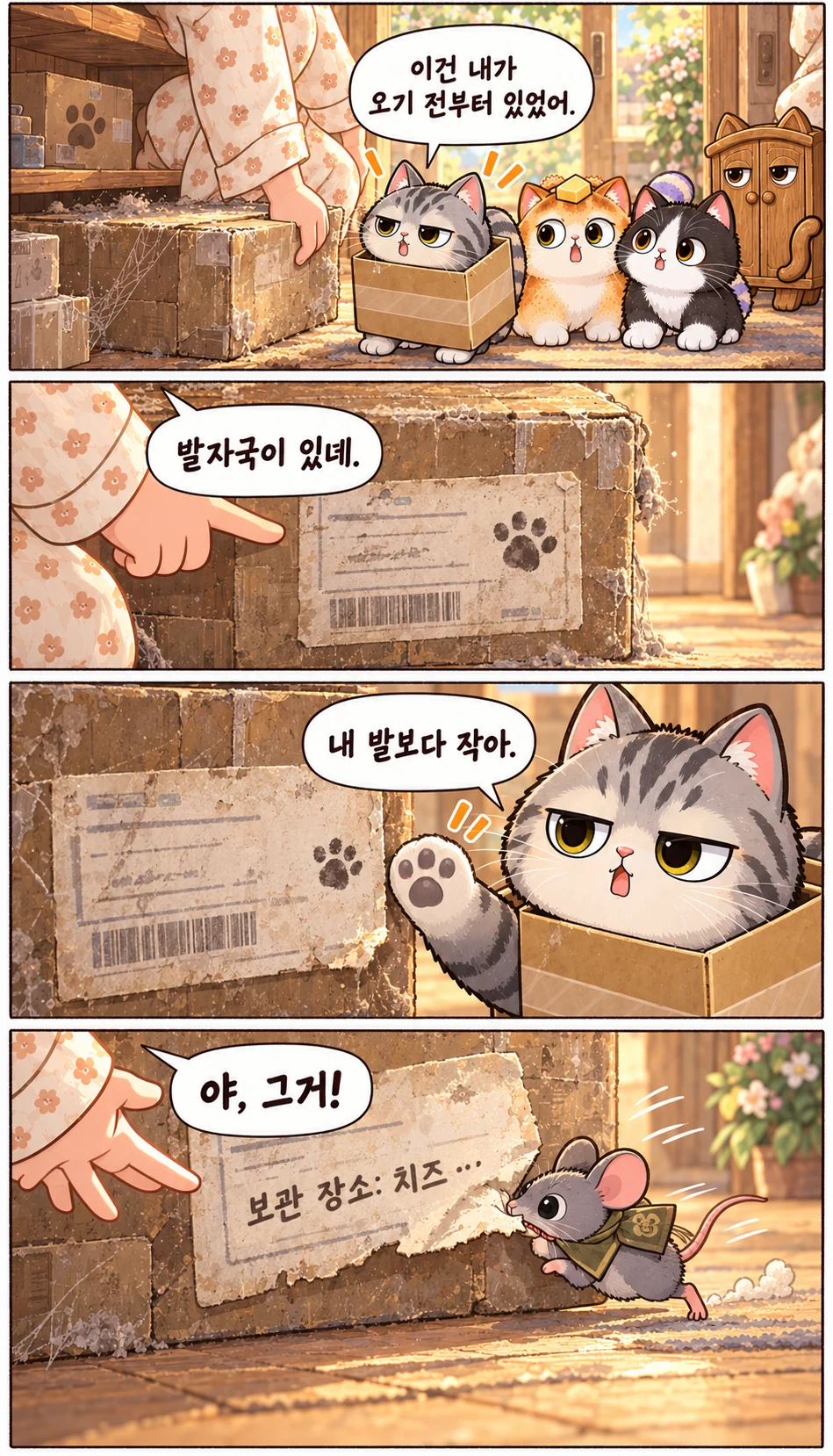 이건 내가 오기 전부터 있었어. 발자국이 있네. 내 발보다 작아. 보관 장소: 치즈… 야, 그거!