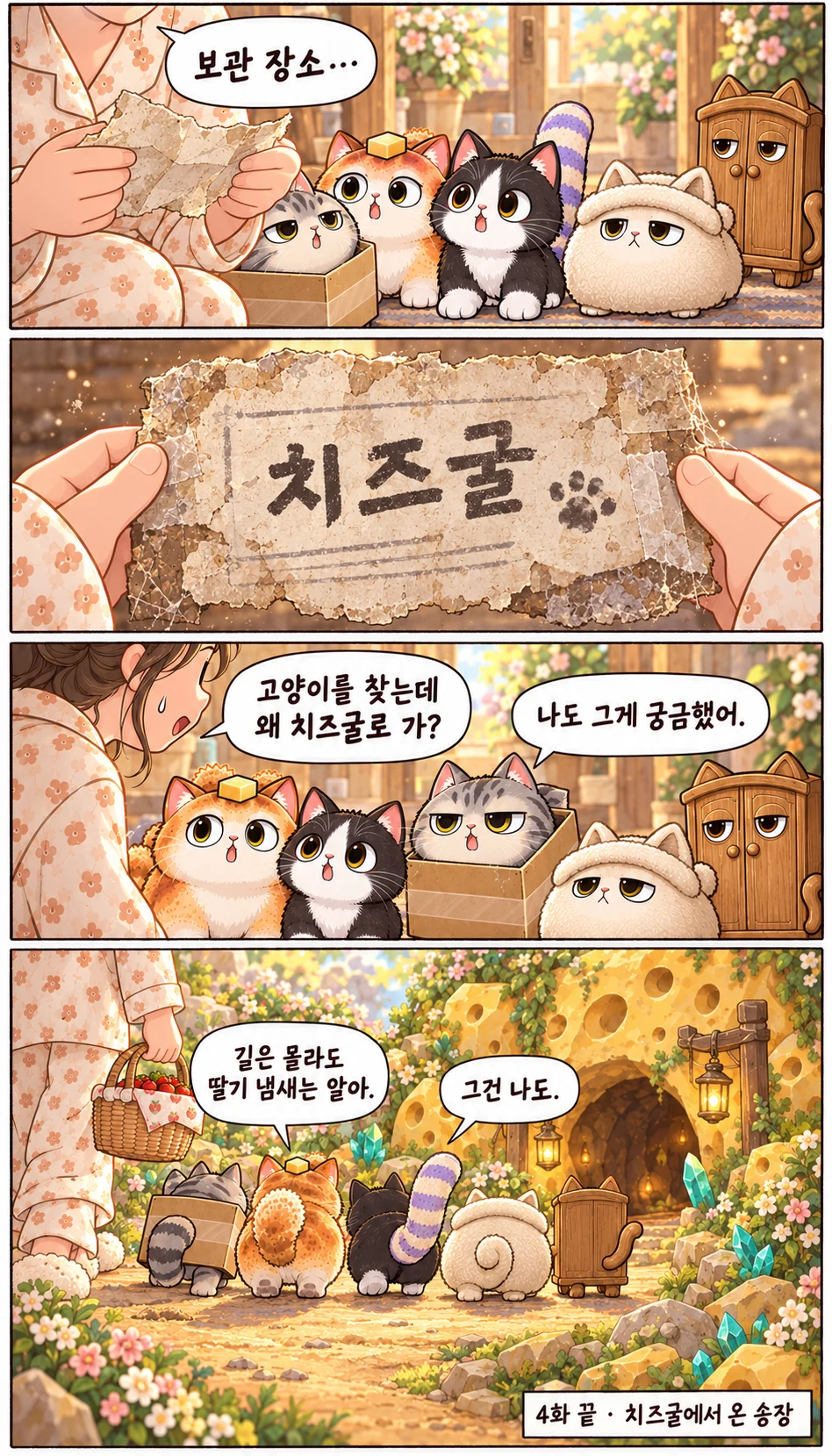 보관 장소… 치즈굴 고양이를 찾는데 왜 치즈굴로 가? 나도 그게 궁금했어. 길은 몰라도 딸기 냄새는 알아. 그건 나도. 4화 끝 · 치즈굴에서 온 송장