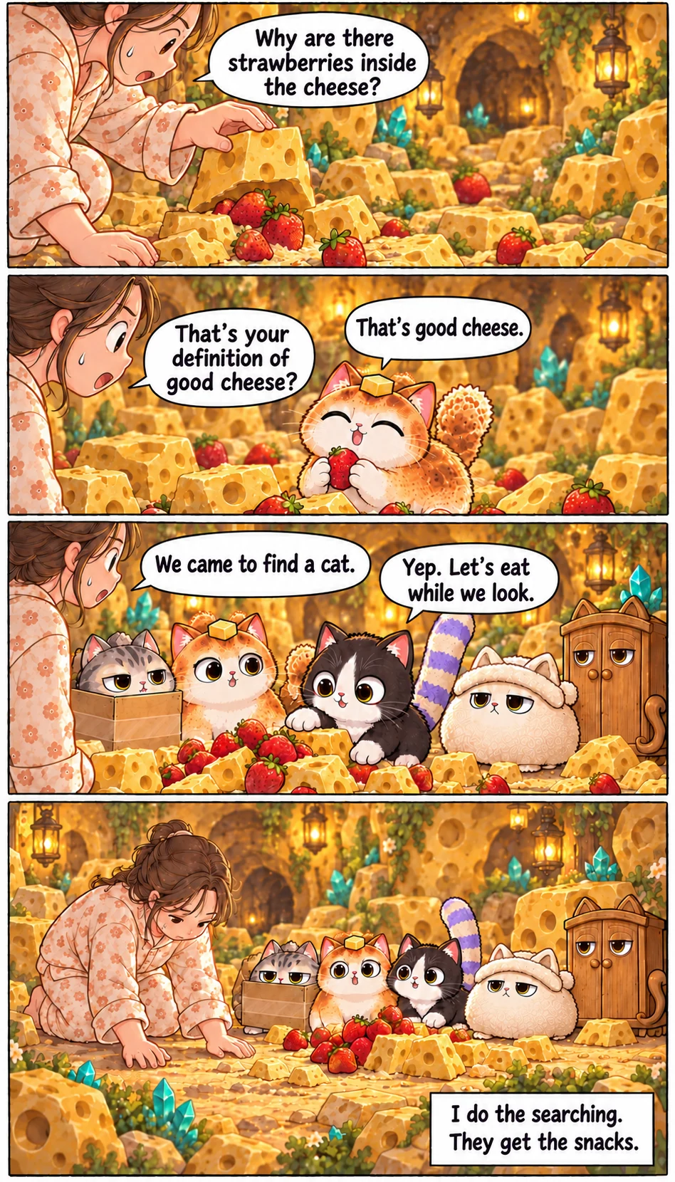 Why are there strawberries inside the cheese? That’s good cheese. That’s your definition of good cheese? We came to find a cat. Yep. Let’s eat while we look. I do the searching. They get the snacks.