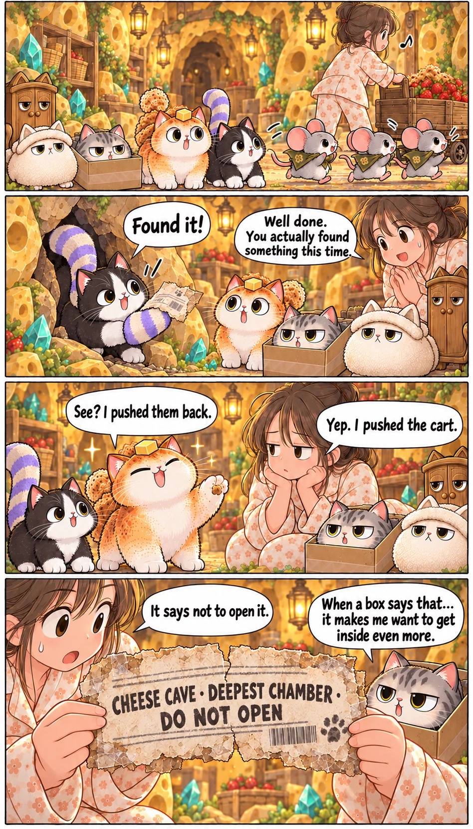 Found it! Well done. You actually found something this time. See? I pushed them back. Yep. I pushed the cart. CHEESE CAVE · DEEPEST CHAMBER · DO NOT OPEN It says not to open it. When a box says that... it makes me want to get inside even more.