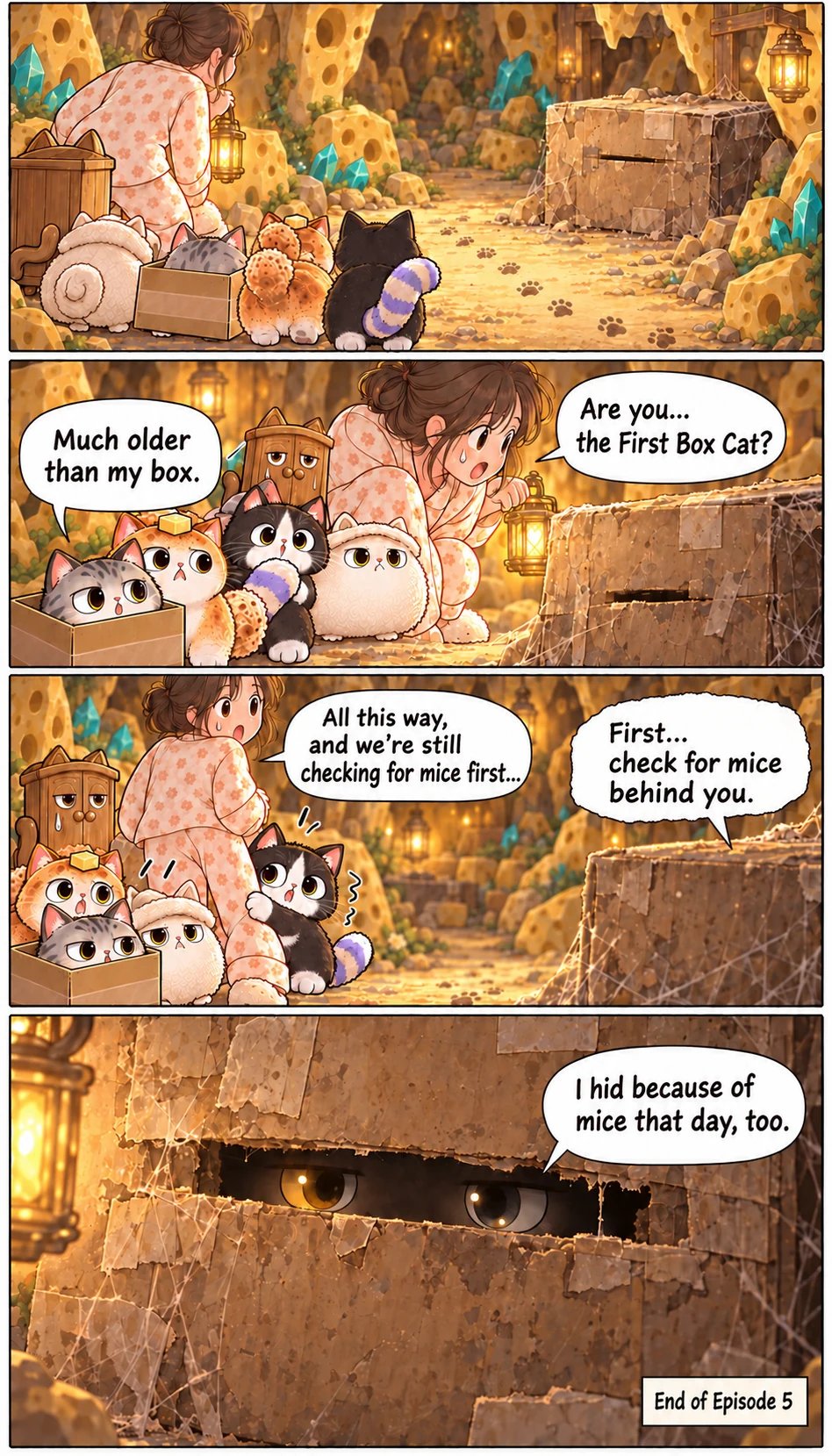 Much older than my box. Are you... the First Box Cat? First... check for mice behind you. All this way, and we’re still checking for mice first... I hid because of mice that day, too. End of Episode 5