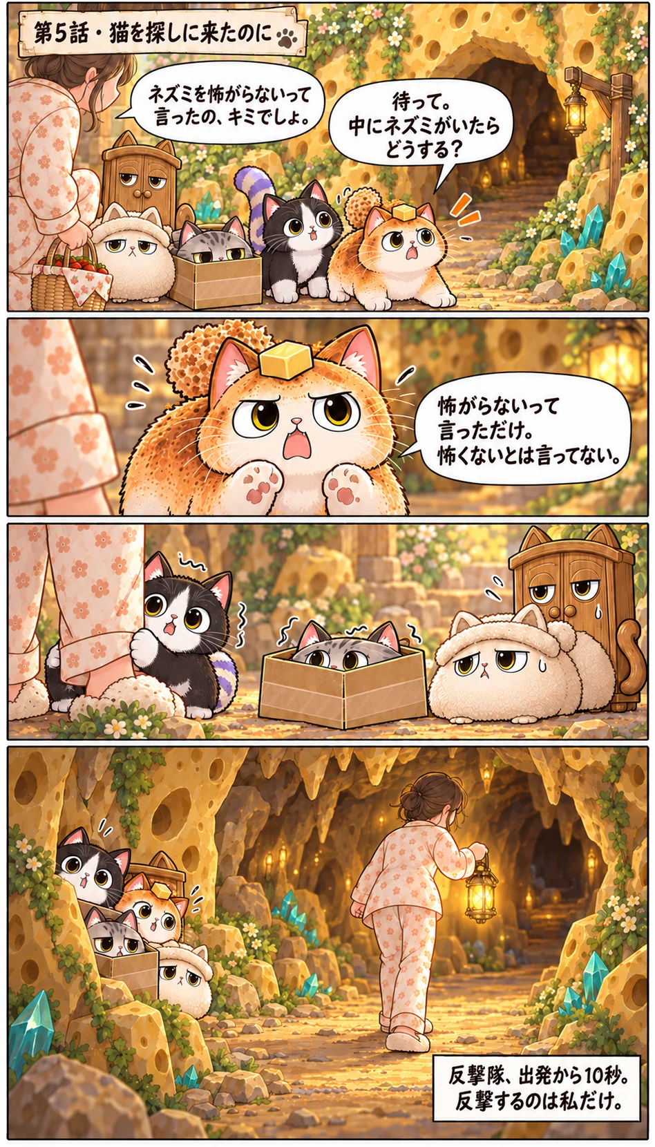 第5話 · 猫を探しに来たのに 待って。中にネズミがいたらどうする? ネズミを怖がらないって言ったの、キミでしょ。 怖がらないって言っただけ。怖くないとは言ってない。 反撃隊、出発から10秒。反撃するのは私だけ。
