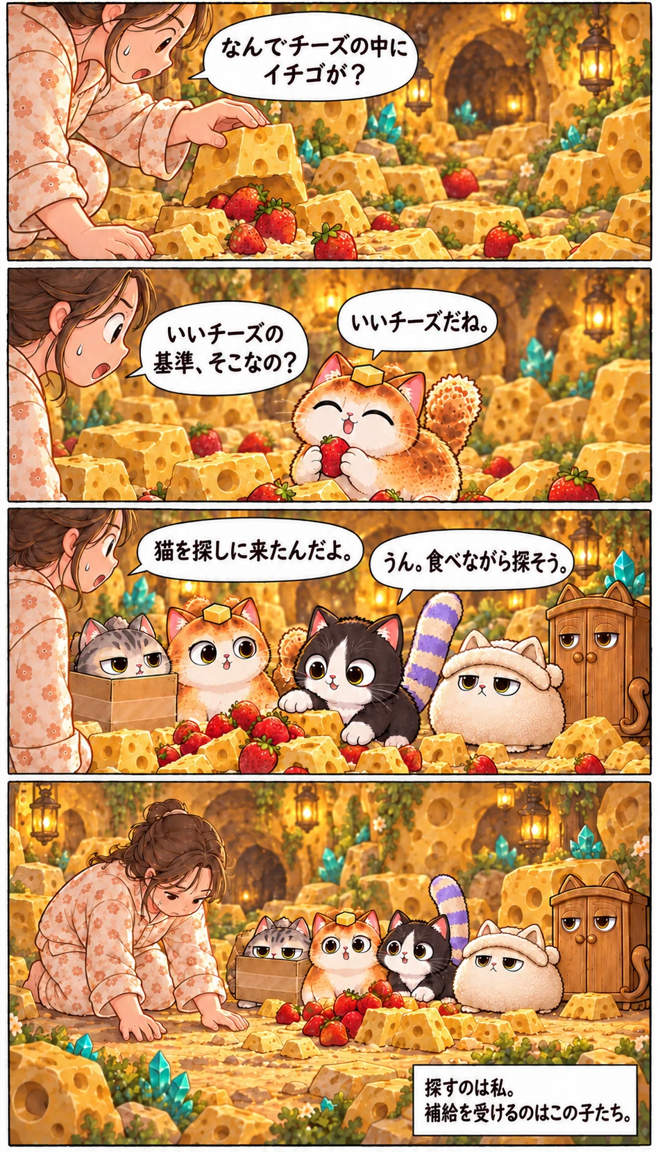 なんでチーズの中にイチゴが? いいチーズだね。 いいチーズの基準、そこなの? 猫を探しに来たんだよ。 うん。食べながら探そう。 探すのは私。補給を受けるのはこの子たち。