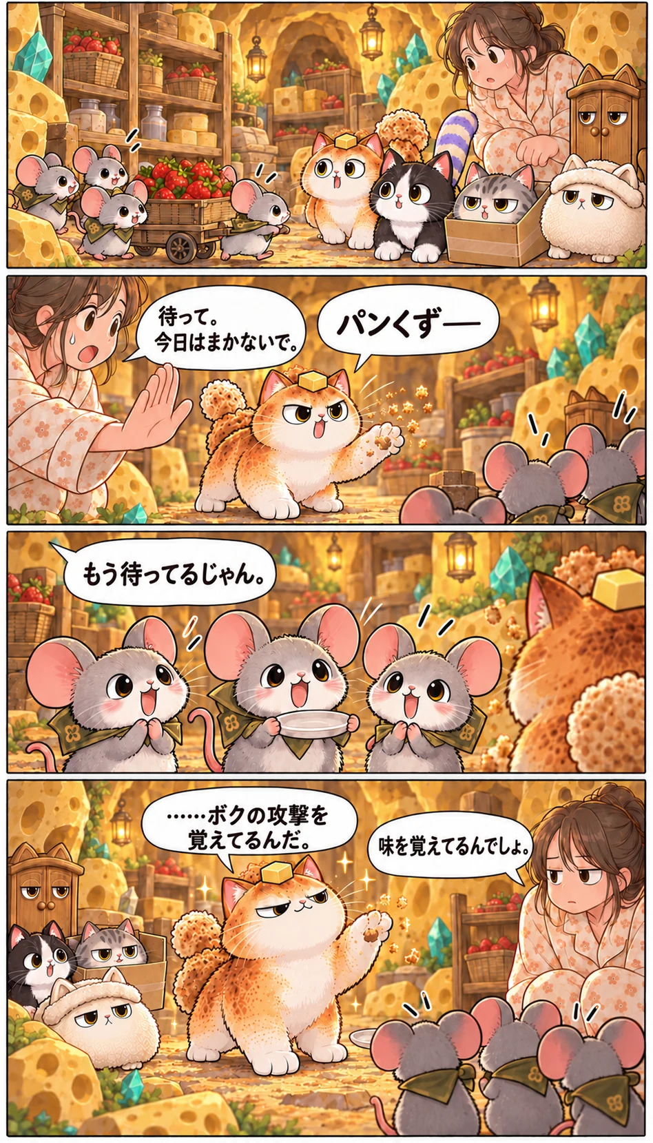パンくず— 待って。今日はまかないで。 もう待ってるじゃん。 ……ボクの攻撃を覚えてるんだ。 味を覚えてるんでしょ。